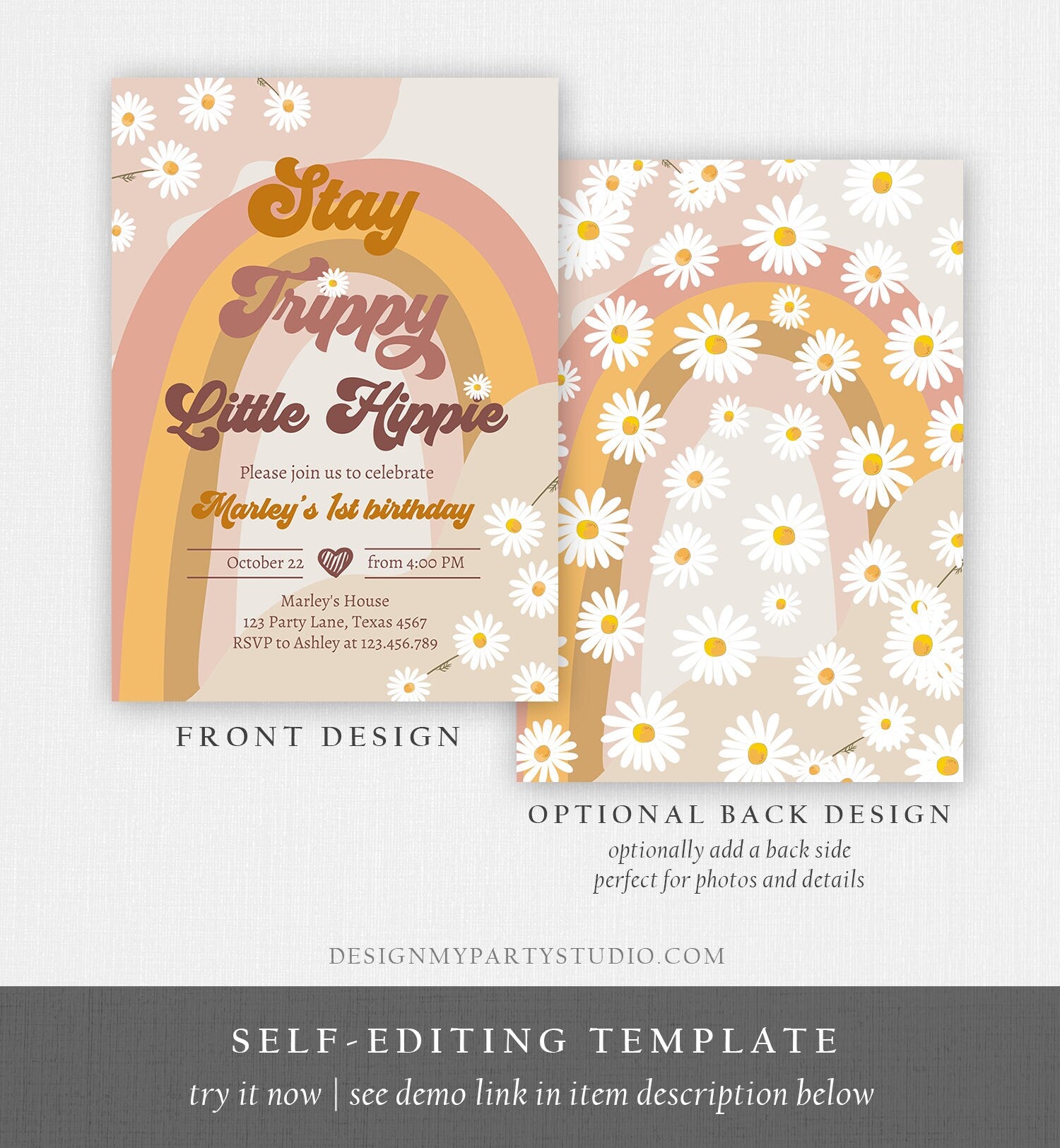 Editable Groovy Retro 1st Birthday Invitation First Birthday Retro Stay Trippy Little Hippie Download Printable Template Corjl Digital 0428