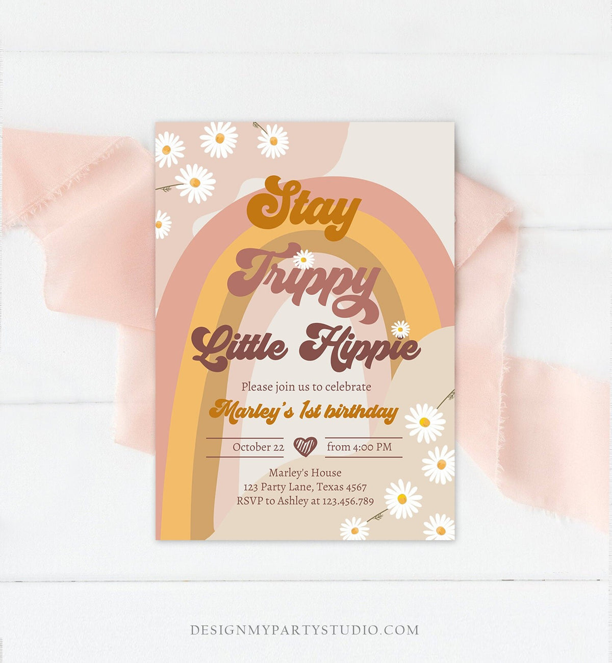 Editable Groovy Retro 1st Birthday Invitation First Birthday Retro Stay Trippy Little Hippie Download Printable Template Corjl Digital 0428