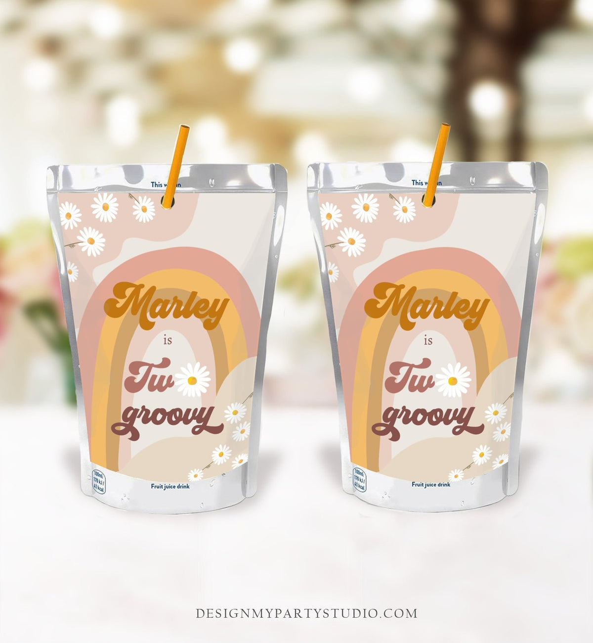 Editable Groovy Birthday Capri Sun Labels Juice Pouch Labels Floral Retro 70&#39;s Hippie Fesitval Vibes Download Corjl Template Printable 0428