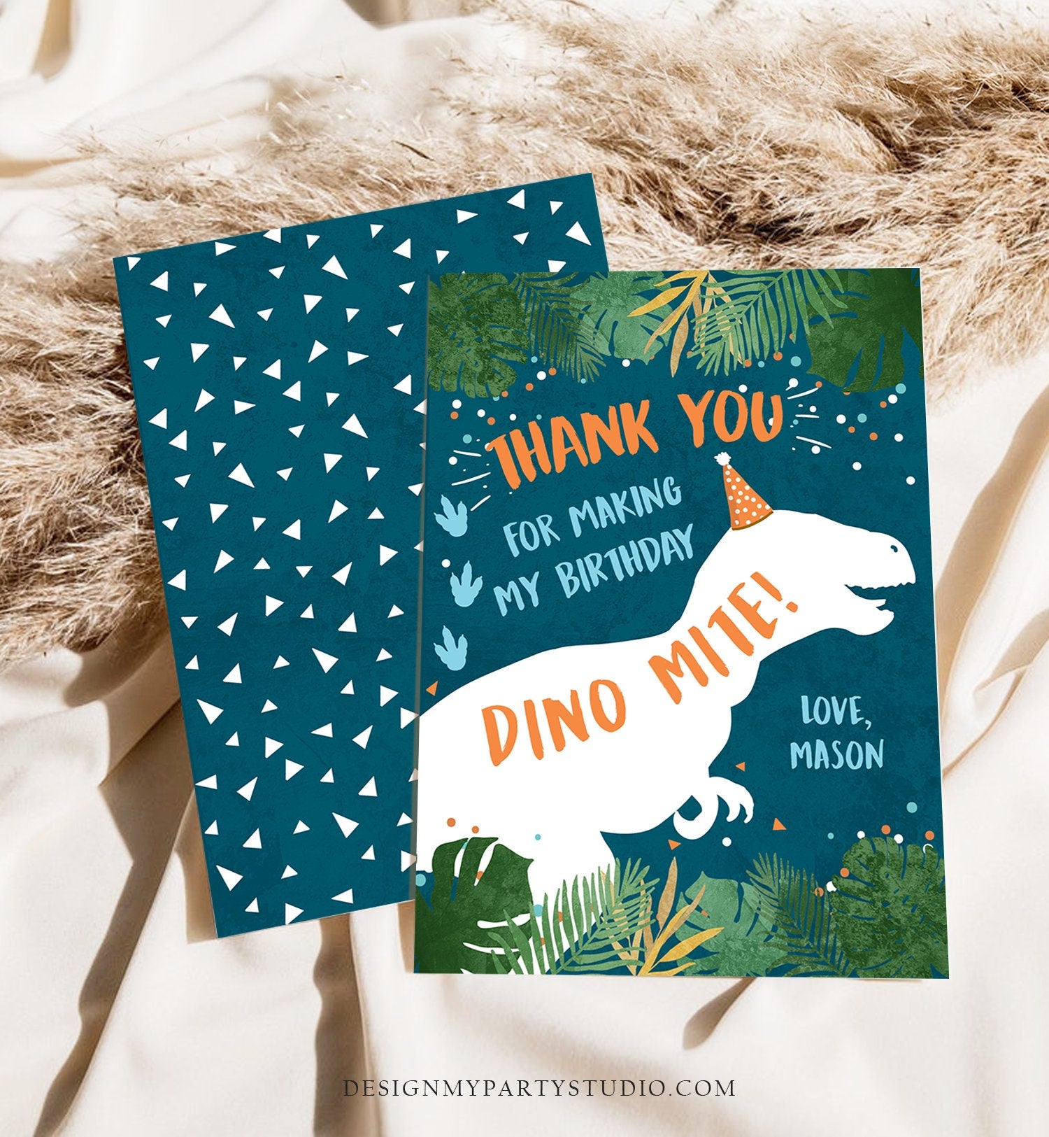 Editable Dinosaur Thank You Card Birthday Boy Black Navy Blue Gold Dino Party T-Rex Photo Download Printable Corjl Template Digital 0378