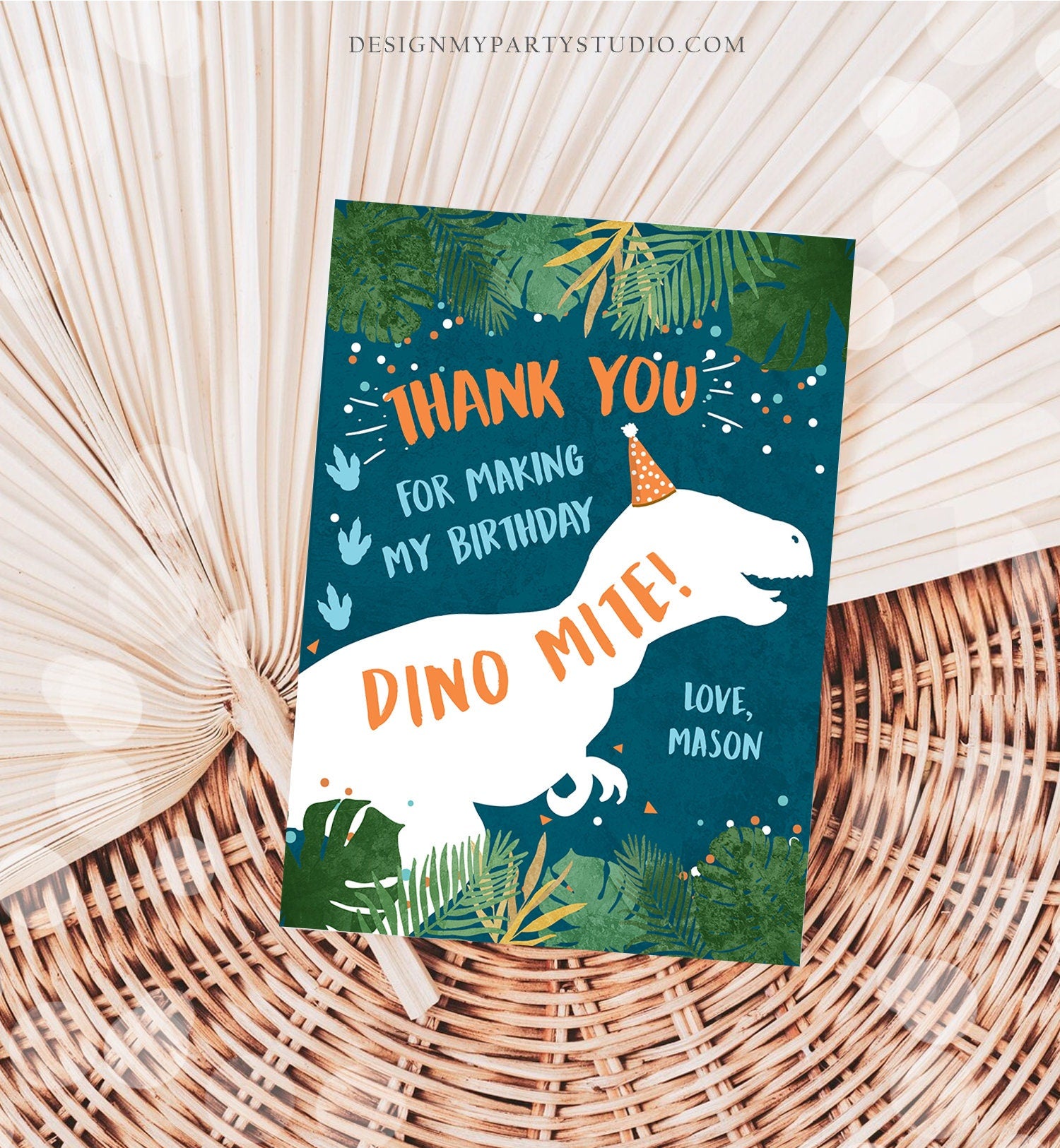 Editable Dinosaur Thank You Card Birthday Boy Black Navy Blue Gold Dino Party T-Rex Photo Download Printable Corjl Template Digital 0378