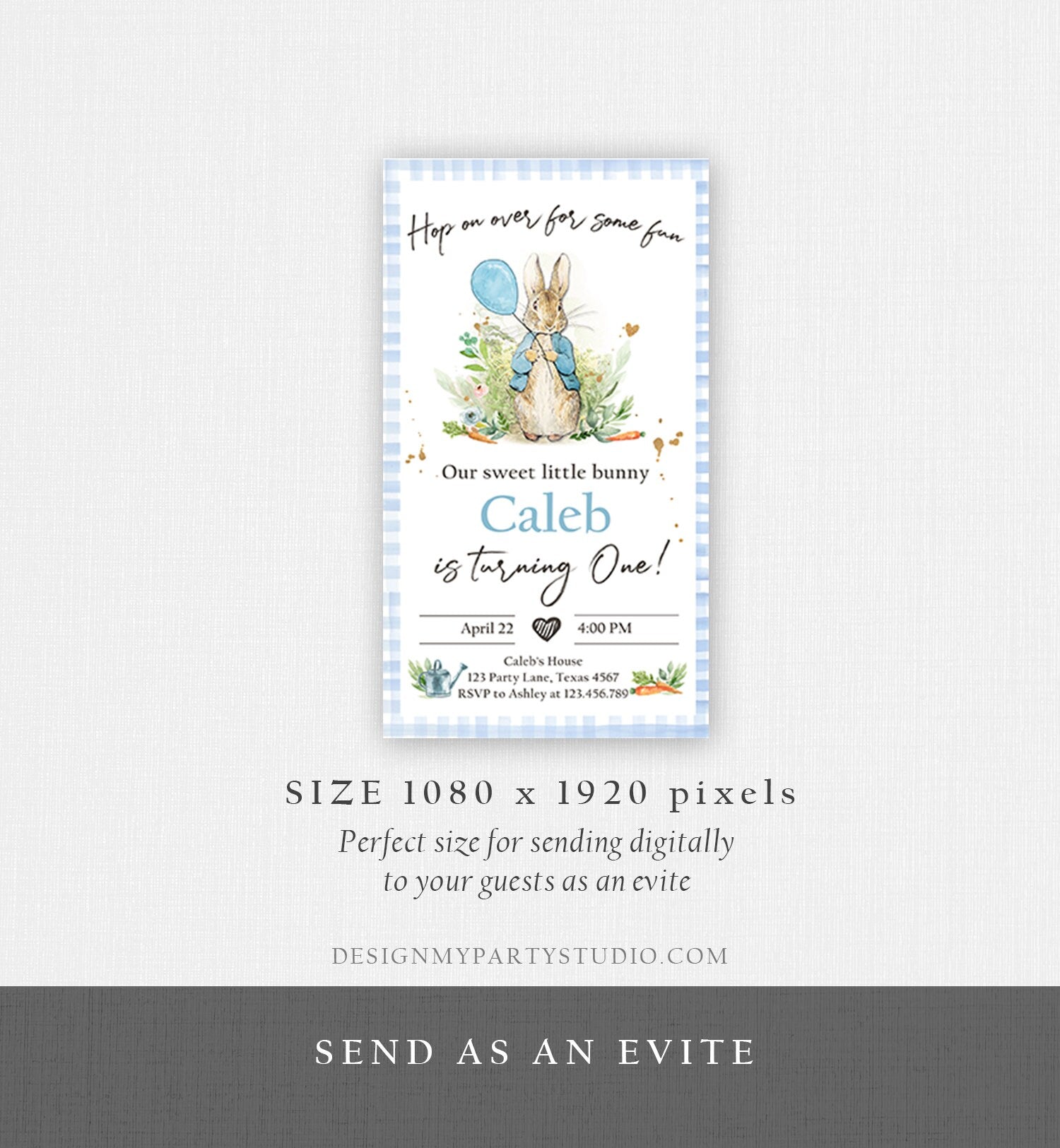 Editable Peter Rabbit Birthday Evite Electronic Boy Blue Rustic Peter Rabbit First Birthday Invitation Hop On Over Corjl Template Phone 0351