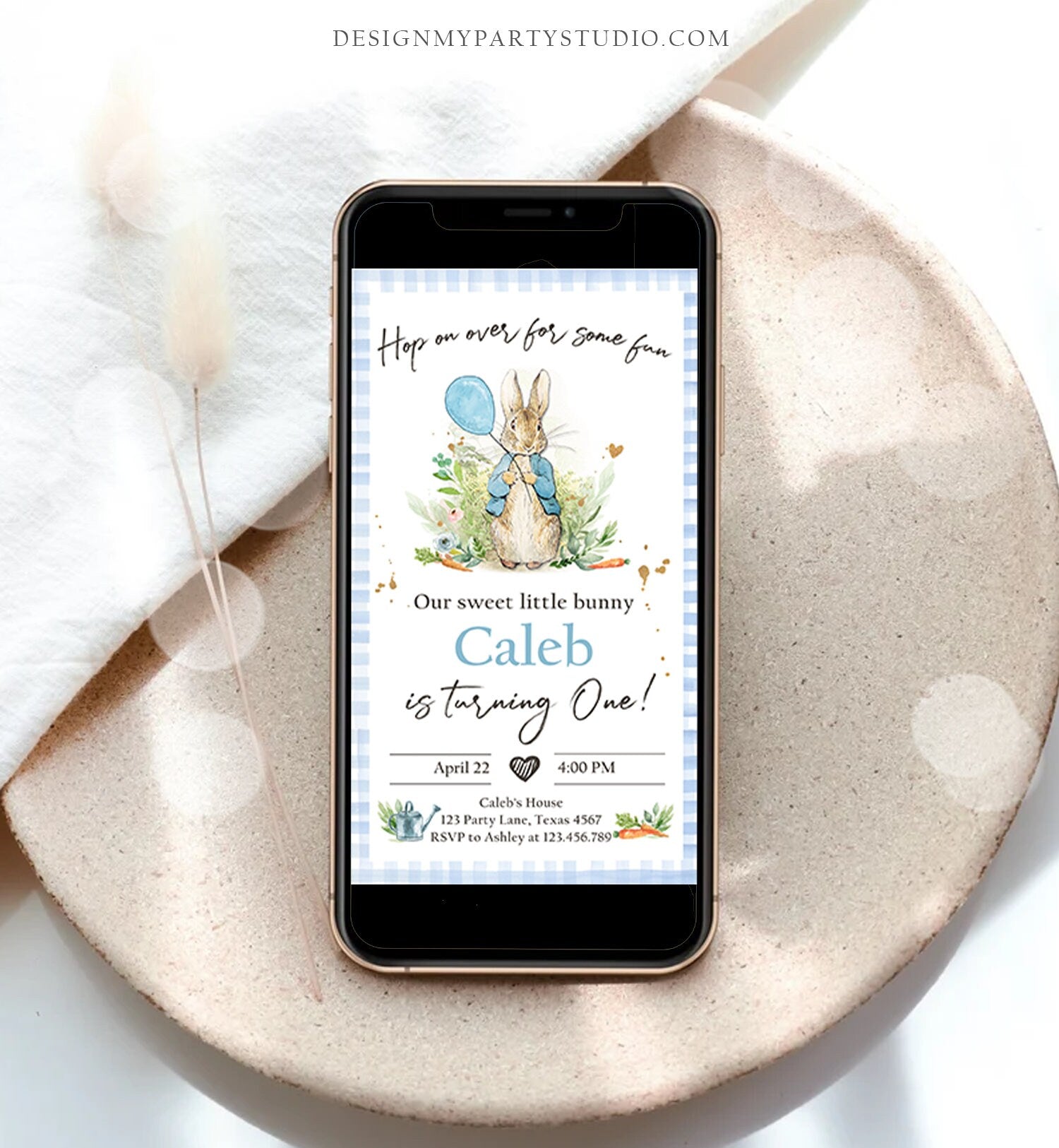 Editable Peter Rabbit Birthday Evite Electronic Boy Blue Rustic Peter Rabbit First Birthday Invitation Hop On Over Corjl Template Phone 0351