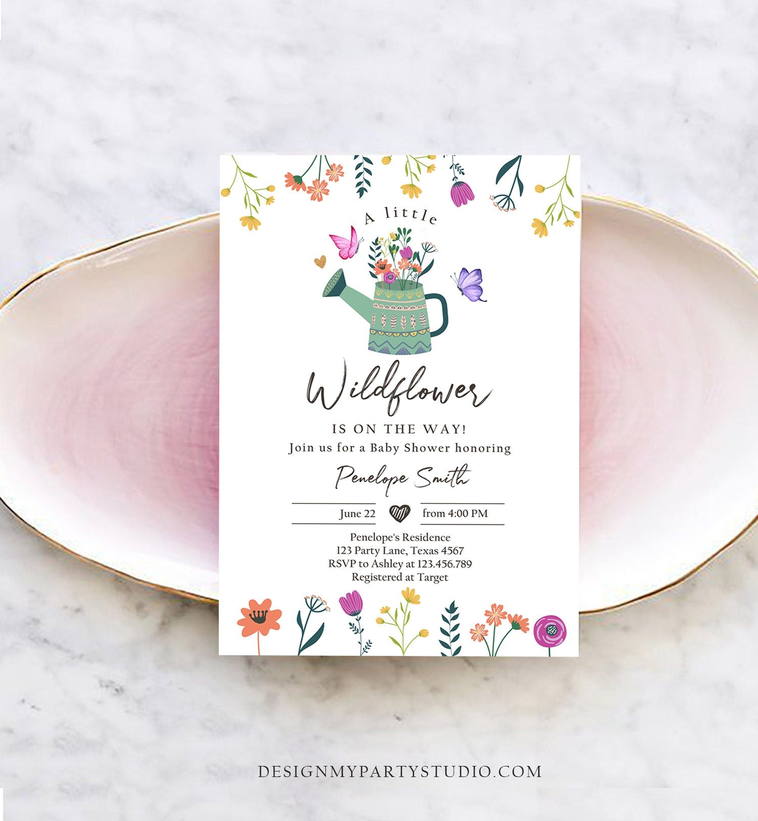 Editable Wildflower Baby Shower Invitation Boho Floral Spring Wildflowers Shower Butterfly Bohemian Download Corjl Template Printable 0396