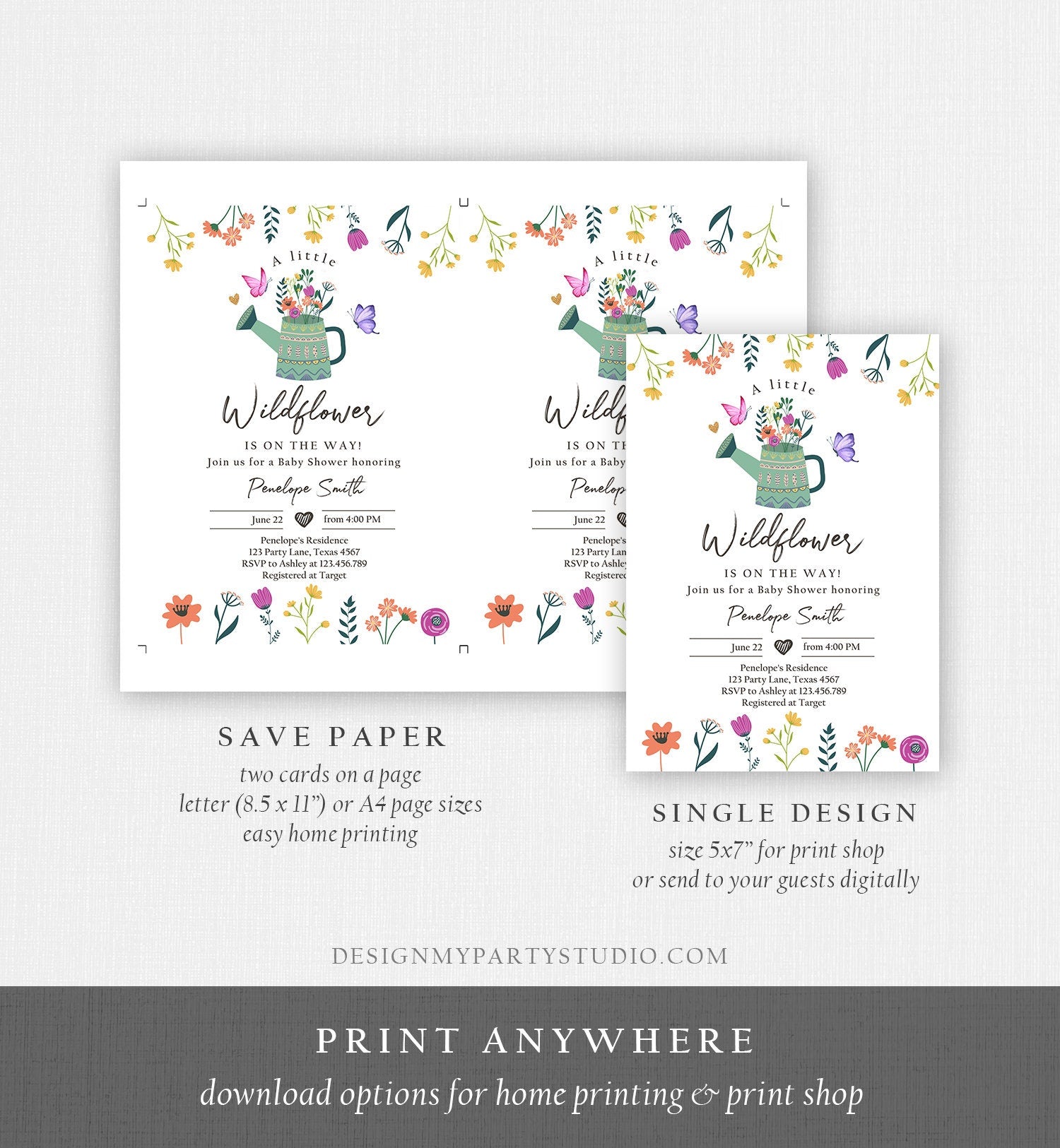 Editable Wildflower Baby Shower Invitation Boho Floral Spring Wildflowers Shower Butterfly Bohemian Download Corjl Template Printable 0396