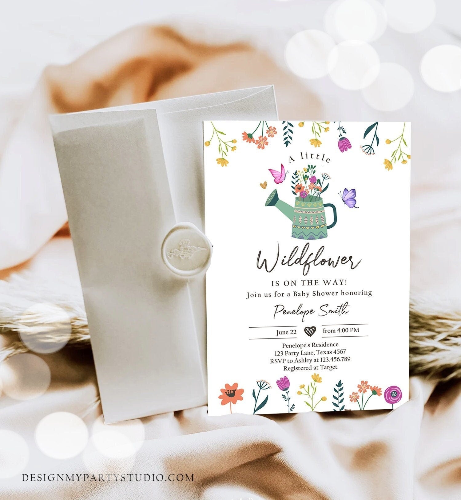 Editable Wildflower Baby Shower Invitation Boho Floral Spring Wildflowers Shower Butterfly Bohemian Download Corjl Template Printable 0396