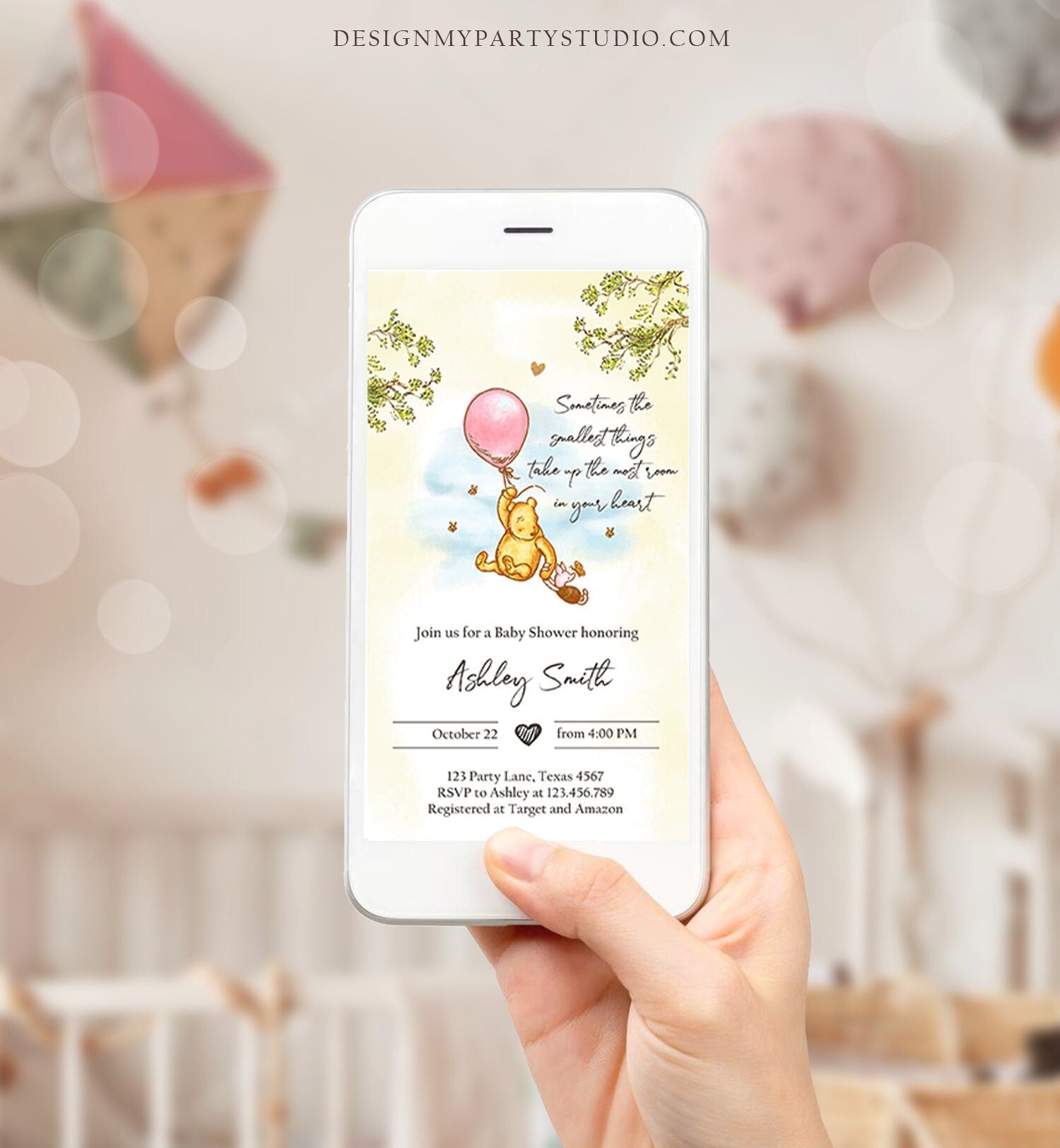 Editable Winnie The Pooh Baby Shower Evite Girl Pink Rustic Classic Winnie The Pooh Invitation Phone Digital Electronic Corjl Template 0425