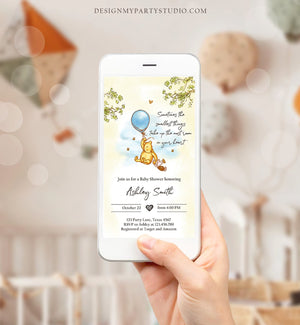 Editable Winnie The Pooh Baby Shower Evite Boy Blue Rustic Classic Winnie The Pooh Invitation Phone Digital Electronic Corjl Template 0425