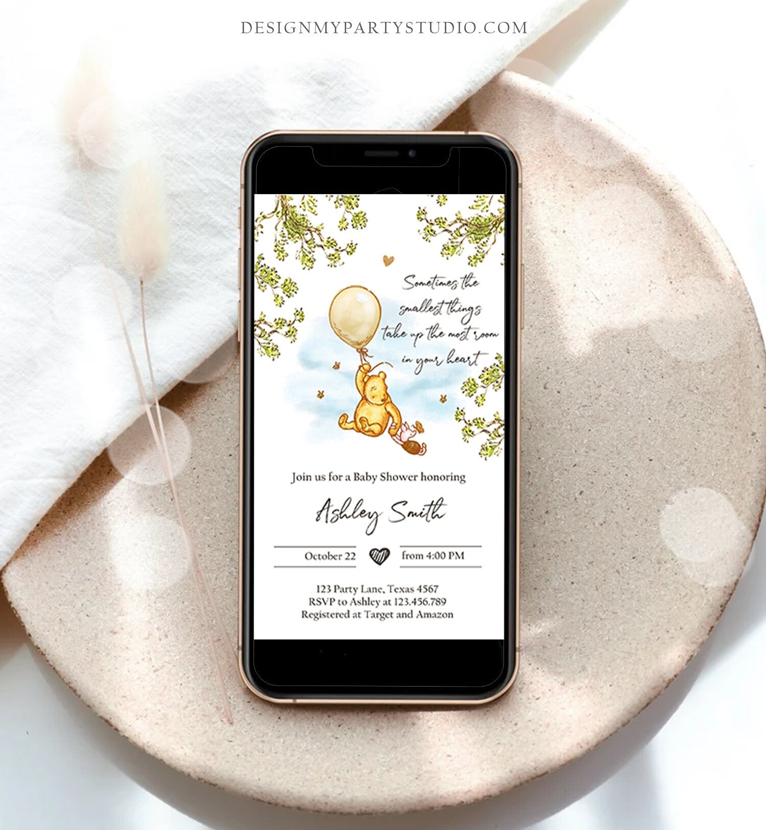 Editable Winnie The Pooh Baby Shower Evite Gender Neutral Classic Winnie The Pooh Invitation Phone Digital Electronic Corjl Template 0425