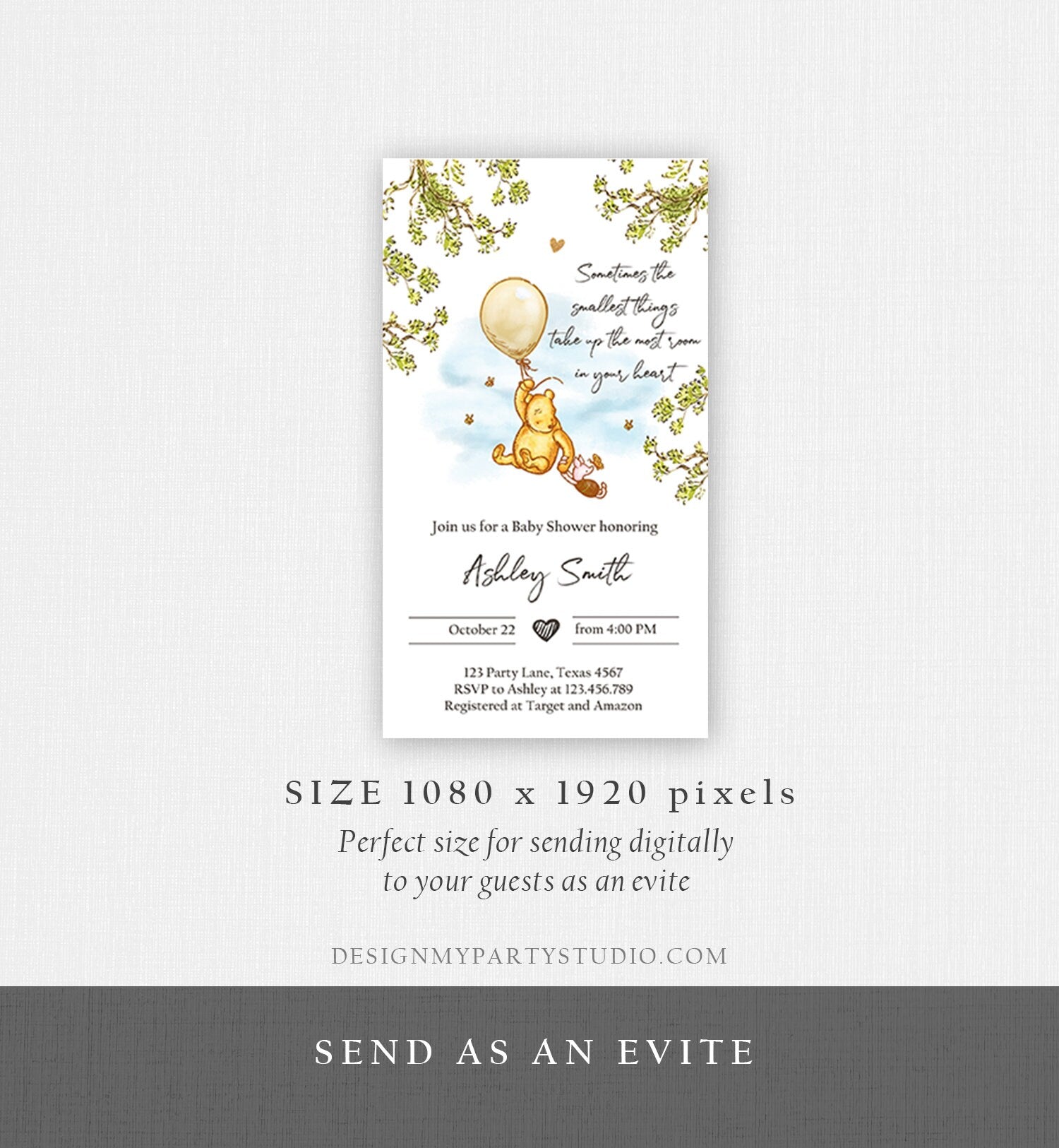 Editable Winnie The Pooh Baby Shower Evite Gender Neutral Classic Winnie The Pooh Invitation Phone Digital Electronic Corjl Template 0425