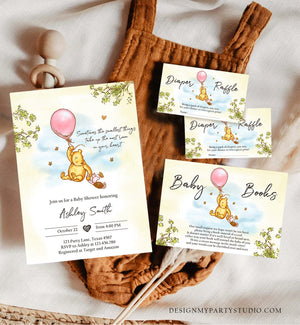 Editable Winnie The Pooh Baby Shower Invitation Bundle Girl Pink Diaper Raffle Book Card Pooh Suite Digital Corjl Template Printable 0425