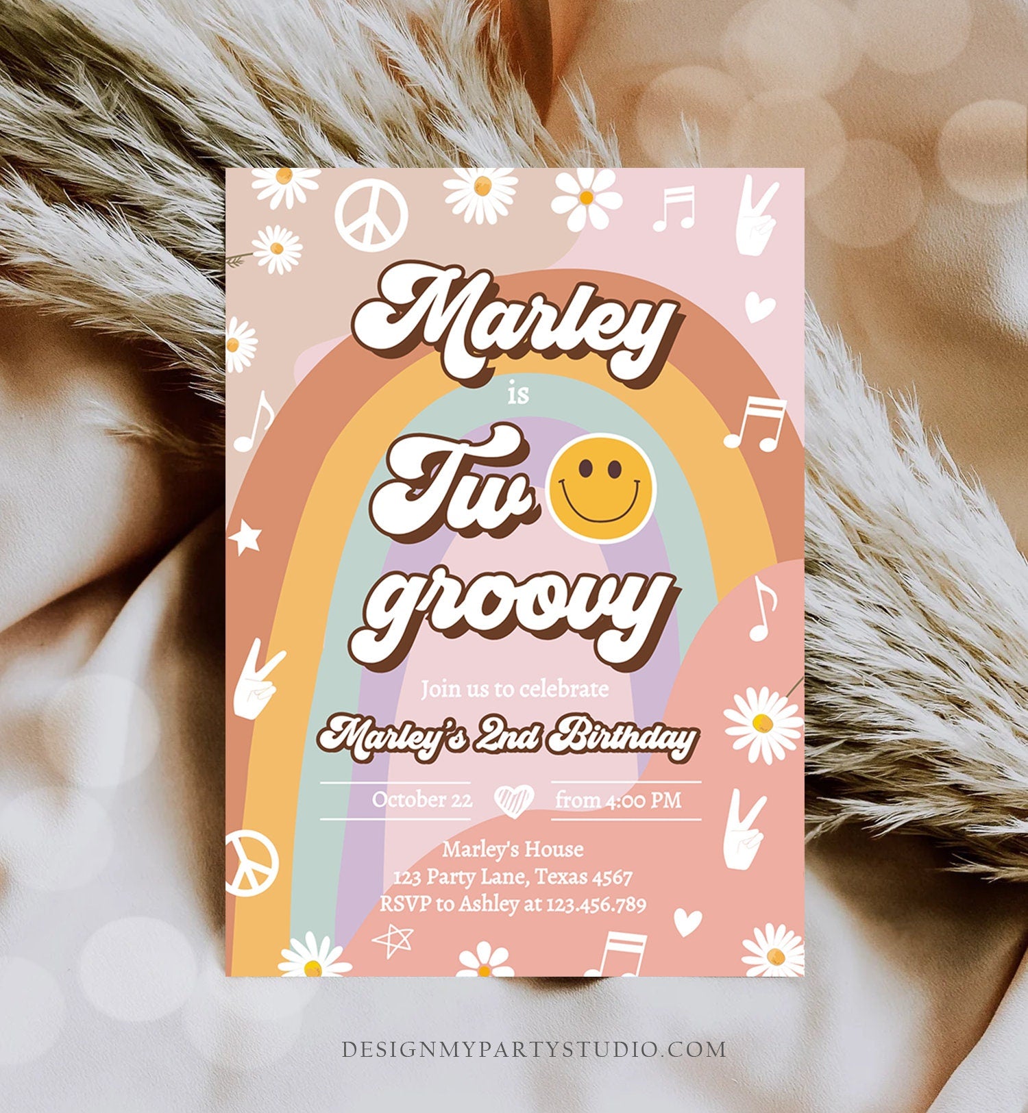 Editable Two Groovy Birthday Party Invitation 2nd Birthday Peace Love Party Flower Power 70s Hippie Printable Template Corjl Digital 0432