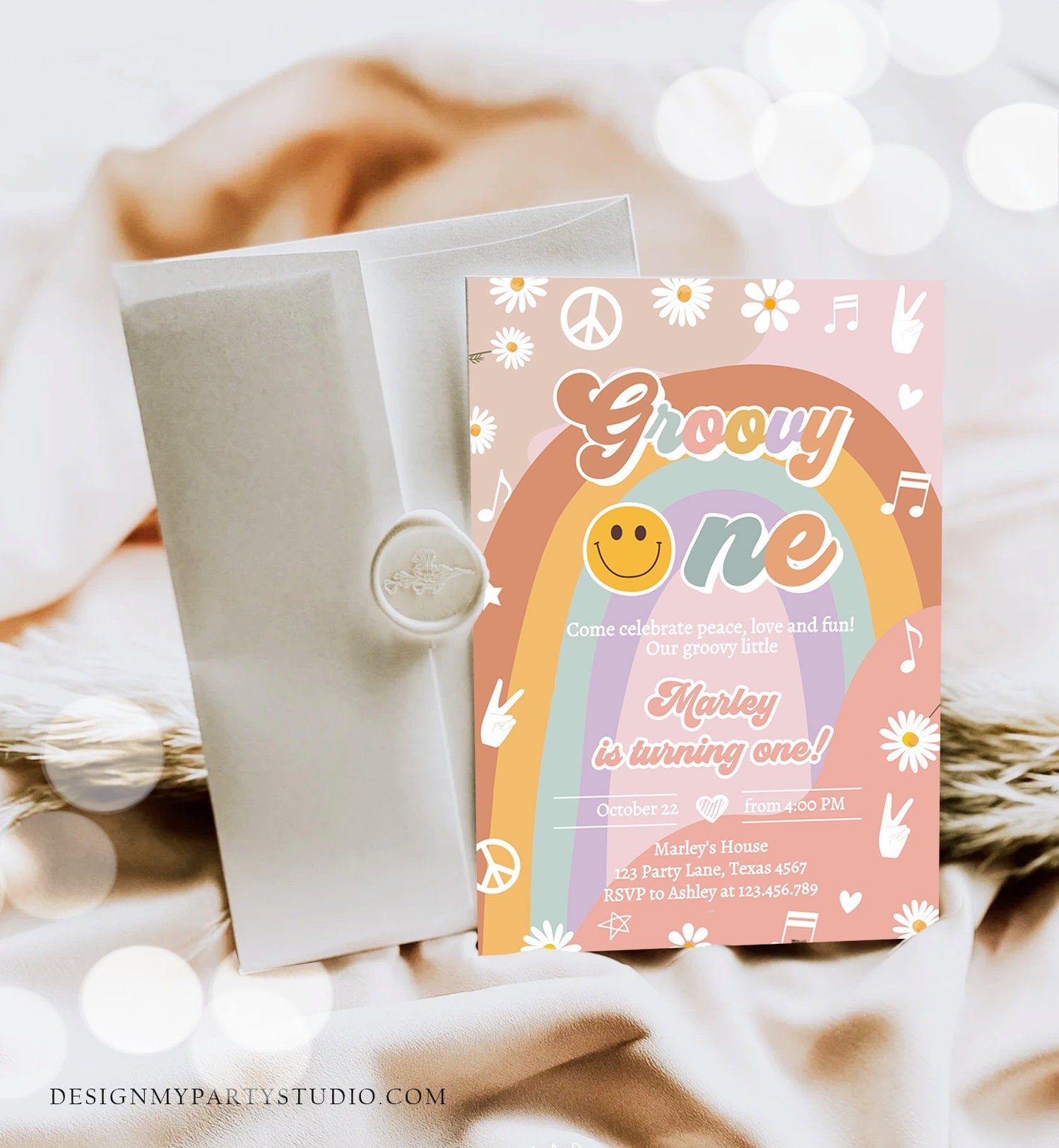 Editable Groovy One Retro 1st Birthday Invitation Peace Love Party Floral 70s Flower Power Festival Download Template Corjl Digital 0432