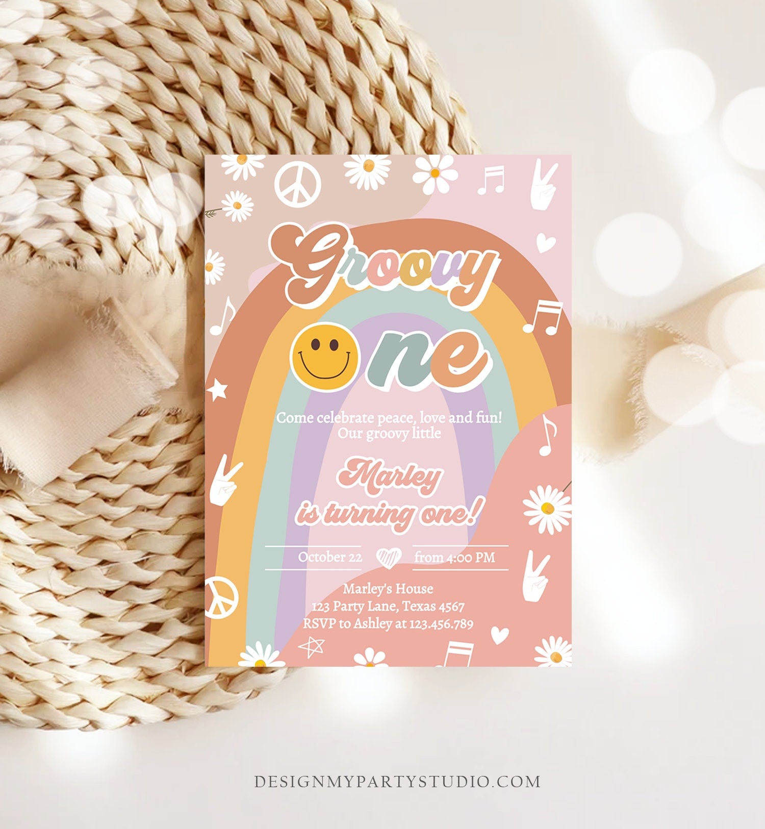 Editable Groovy One Retro 1st Birthday Invitation Peace Love Party Floral 70s Flower Power Festival Download Template Corjl Digital 0432