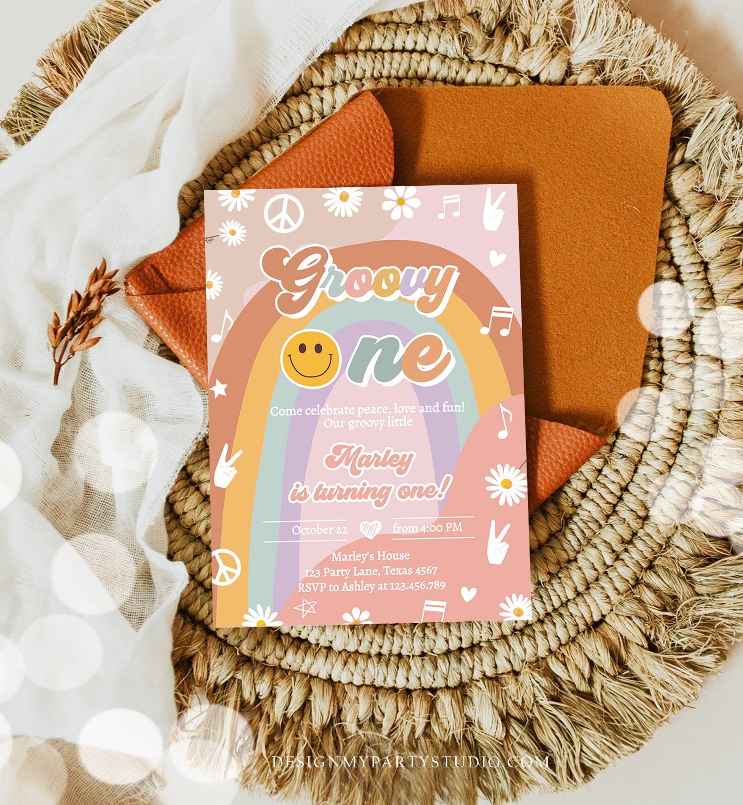 Editable Groovy One Retro 1st Birthday Invitation Peace Love Party Floral 70s Flower Power Festival Download Template Corjl Digital 0432