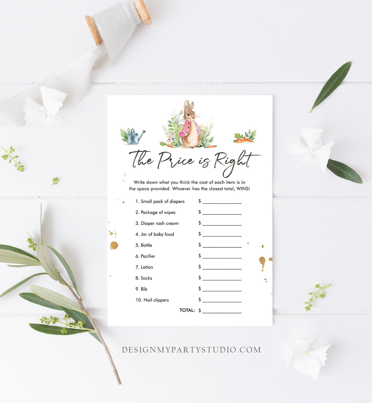 Editable The Price is Right Baby Shower Game Peter Rabbit Shower Bunny Baby Shower Spring Flopsy Girl Rustic Corjl Template Printable 0351