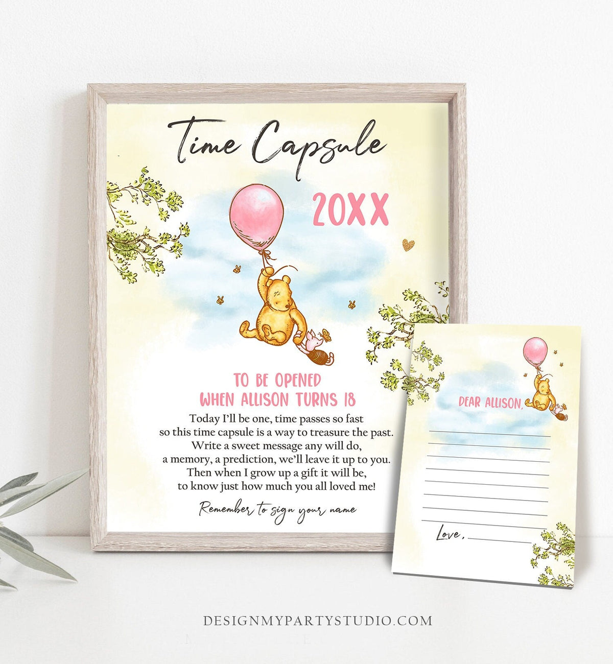 Editable Winnie The Pooh Birthday Time Capsule First Birthday Party Girl Pink Rustic Classic Winnie The Pooh Template Printable Corjl 0425