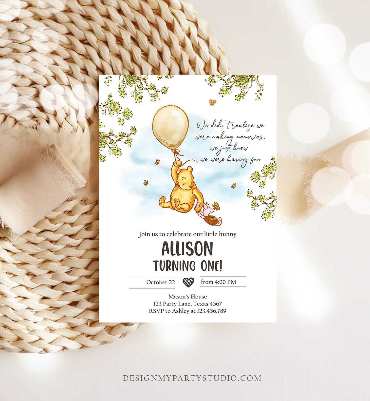 Editable Winnie The Pooh Invitation Gender Neutral Rustic Classic Winnie The Pooh 1st Birthday Invite Digital Corjl Template Printable 0425