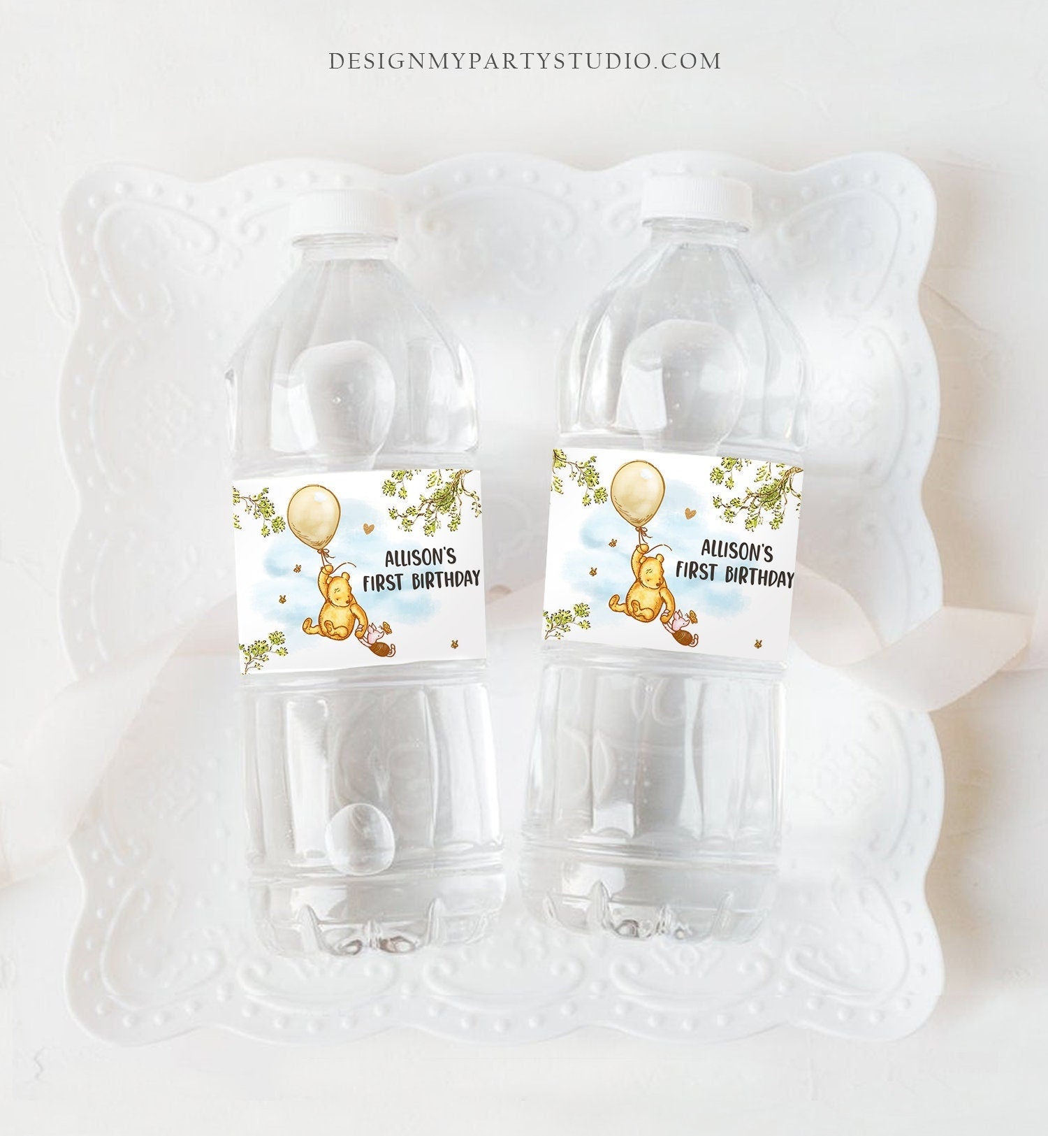 Editable Classic Winnie The Pooh Water Bottle Labels Pooh Birthday Wrapper Pooh Party Decor Neutral Birthday Printable Template Corjl 0425