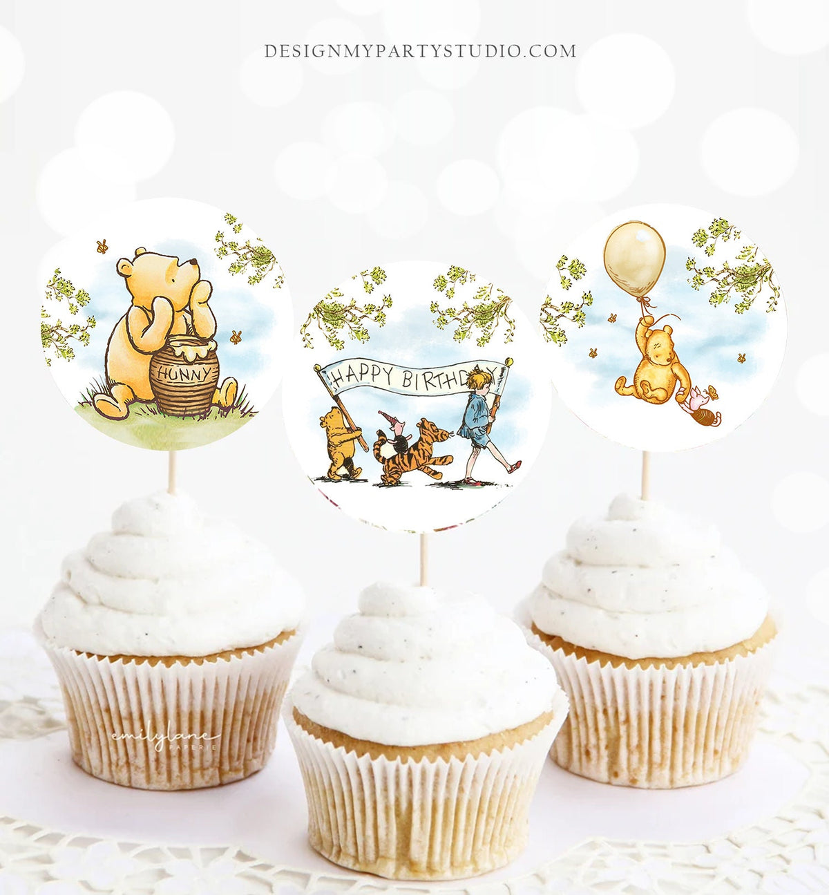 Classic Winnie The Pooh Birthday Cupcake Toppers Pooh Favor Tags Pooh Party Decor 1st Gender Neutral Rustic Download Digital PRINTABLE 0425