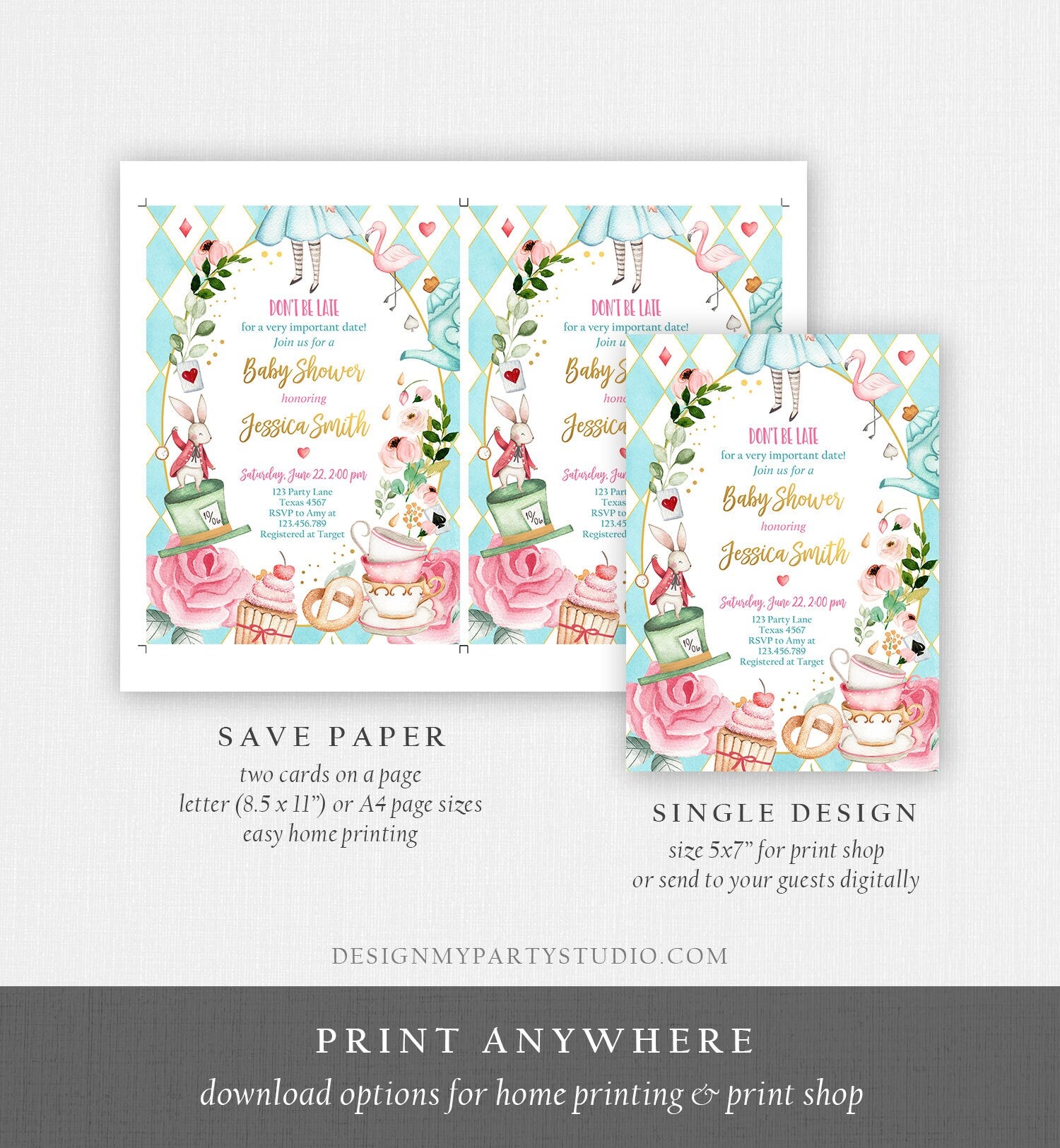 Editable Alice In Wonderland Baby Shower Invitation Girl Baby Shower Mad Hatter Tea Party Sprinkle Printable Template Corjl Digital 0350