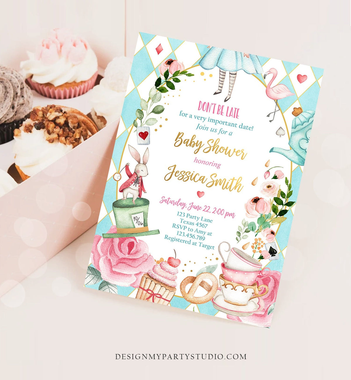 Editable Alice In Wonderland Baby Shower Invitation Girl Baby Shower Mad Hatter Tea Party Sprinkle Printable Template Corjl Digital 0350