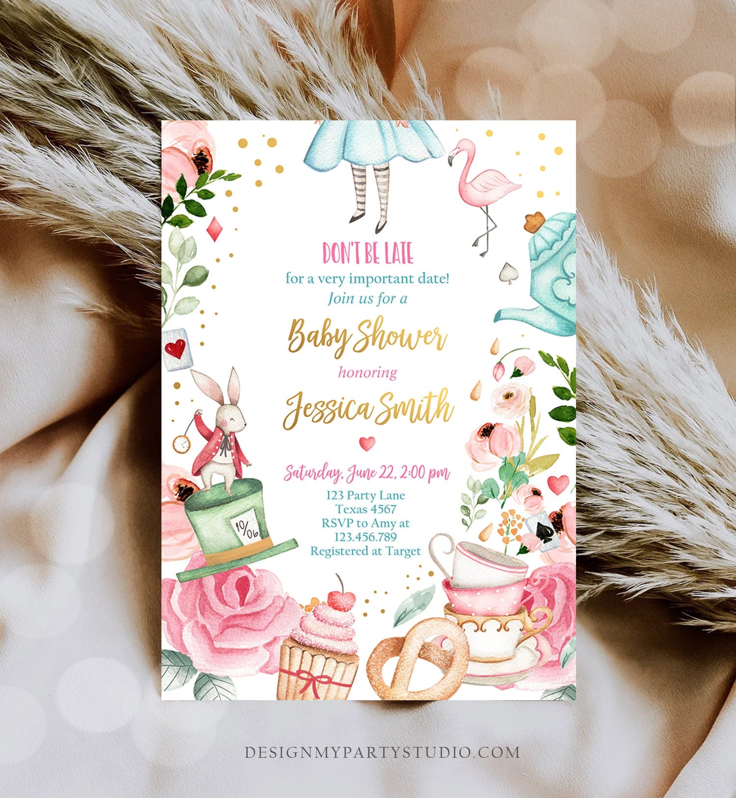 Editable Alice In Wonderland Baby Shower Invitation Girl Baby Shower Mad Hatter Tea Party Sprinkle Printable Template Corjl Digital 0350