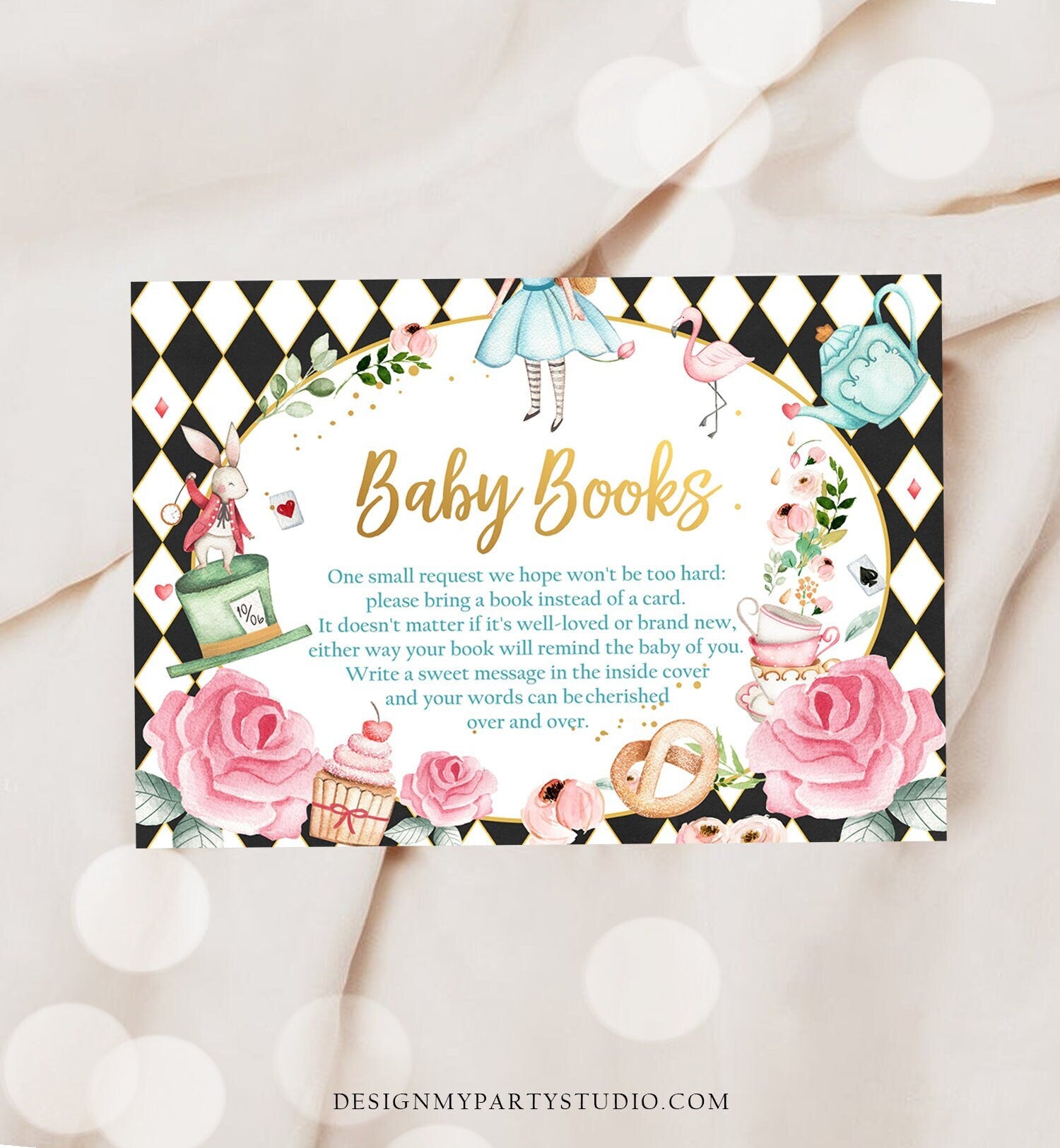 Editable Bring a Book Card Alice in Wonderland Baby Shower Mad Hatter Tea Party Books for Baby Book Request Corjl Template Printable 0350