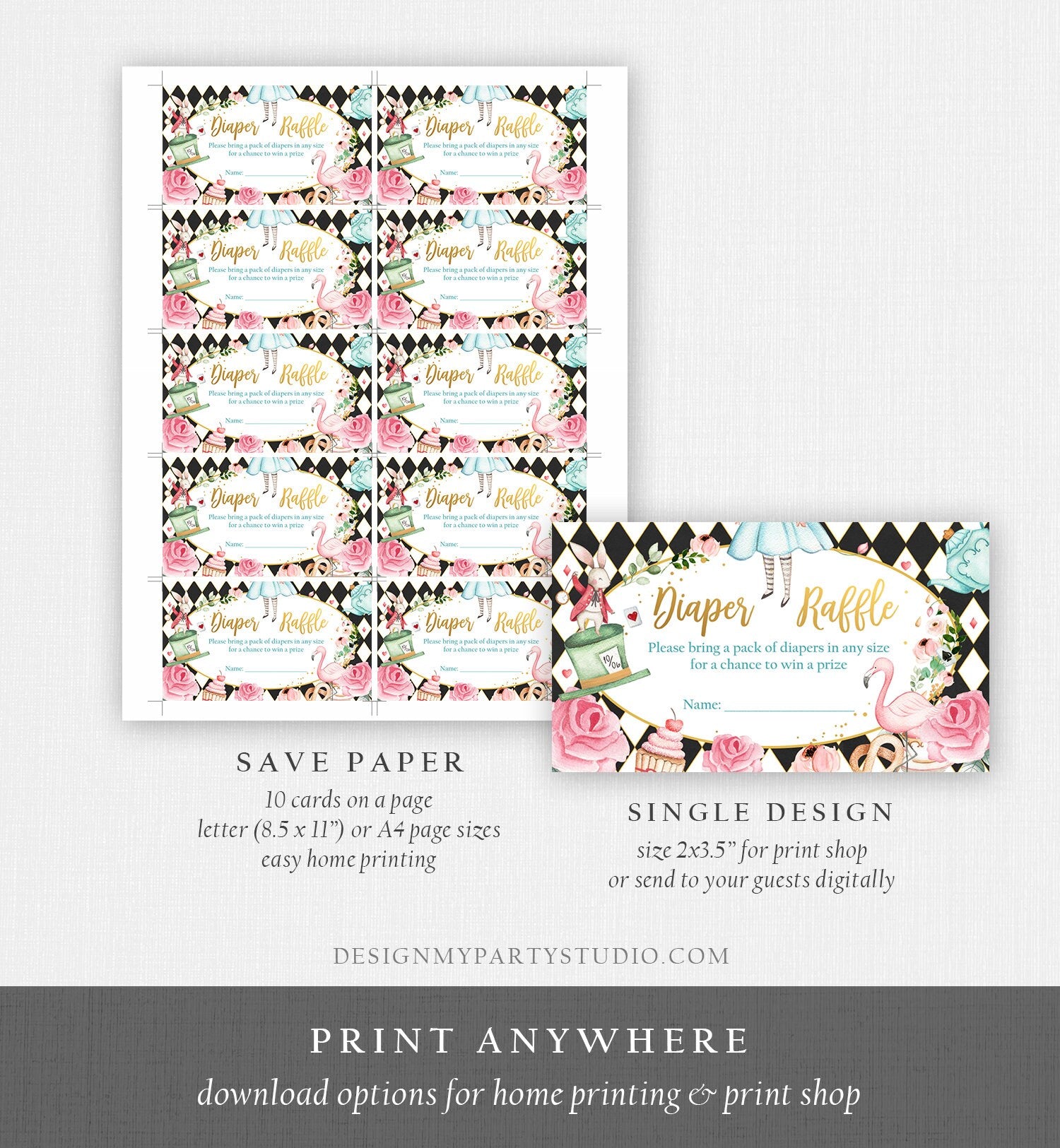 Editable Diaper Raffle Ticket Diaper Game Card Alice in Wonderland Baby Shower Insert Alice Shower Download Template Corjl PRINTABLE 0350