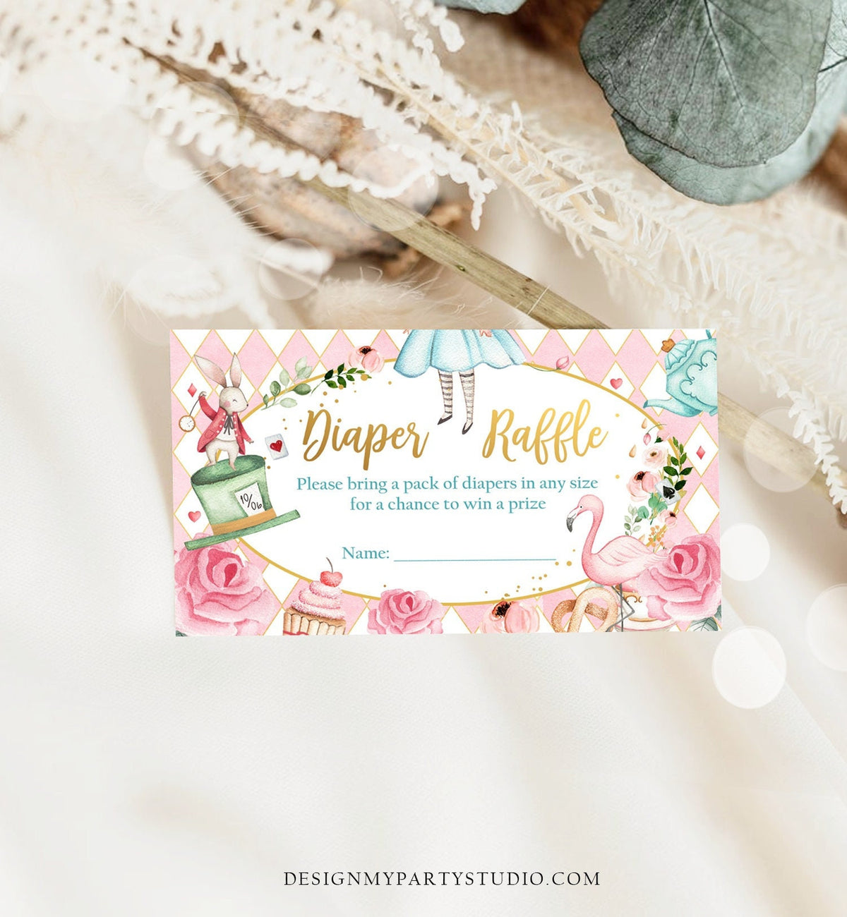 Editable Diaper Raffle Ticket Diaper Game Card Alice in Wonderland Baby Shower Insert Alice Shower Download Template Corjl PRINTABLE 0350