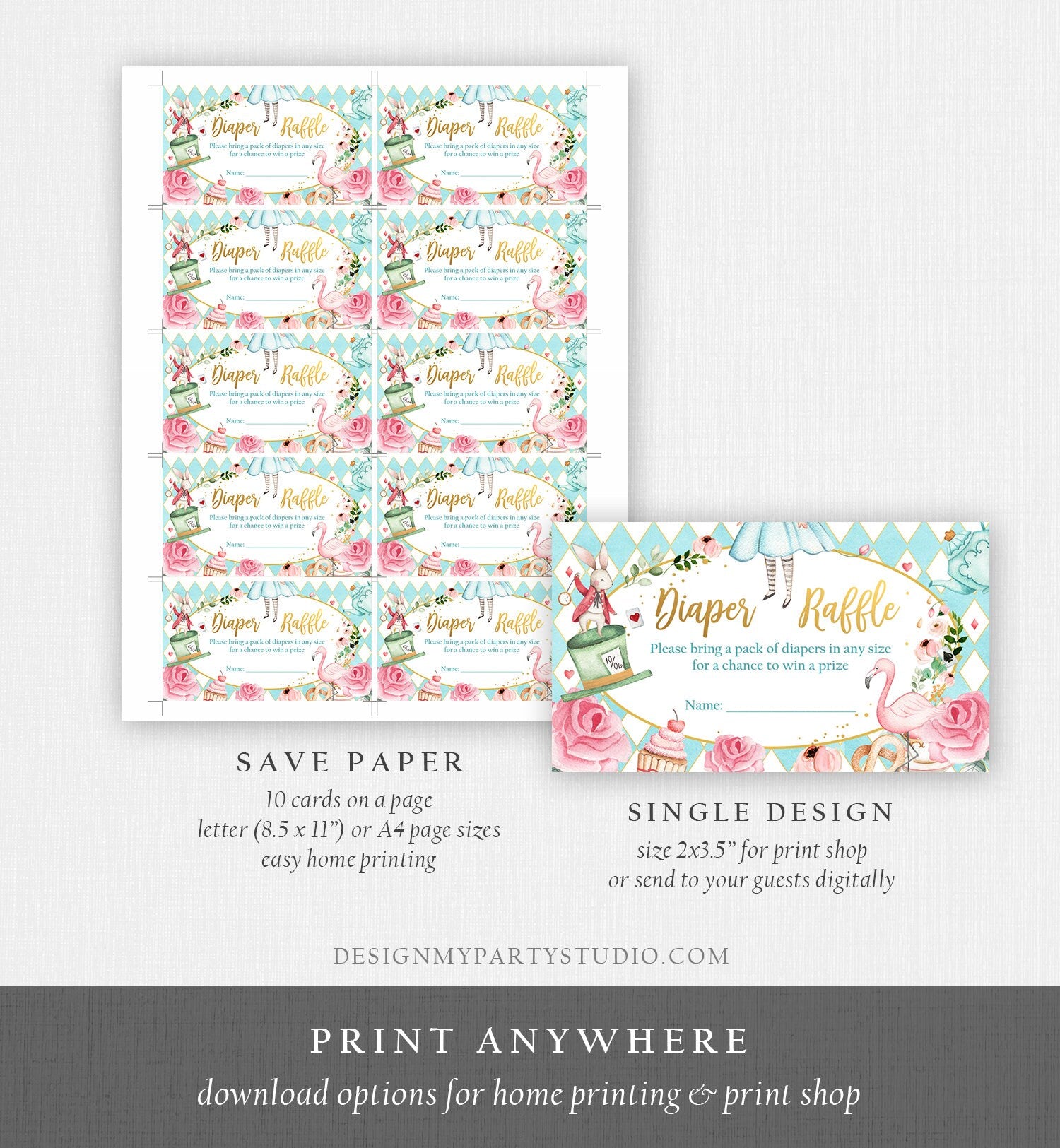 Editable Diaper Raffle Ticket Diaper Game Card Alice in Wonderland Baby Shower Insert Alice Shower Download Template Corjl PRINTABLE 0350