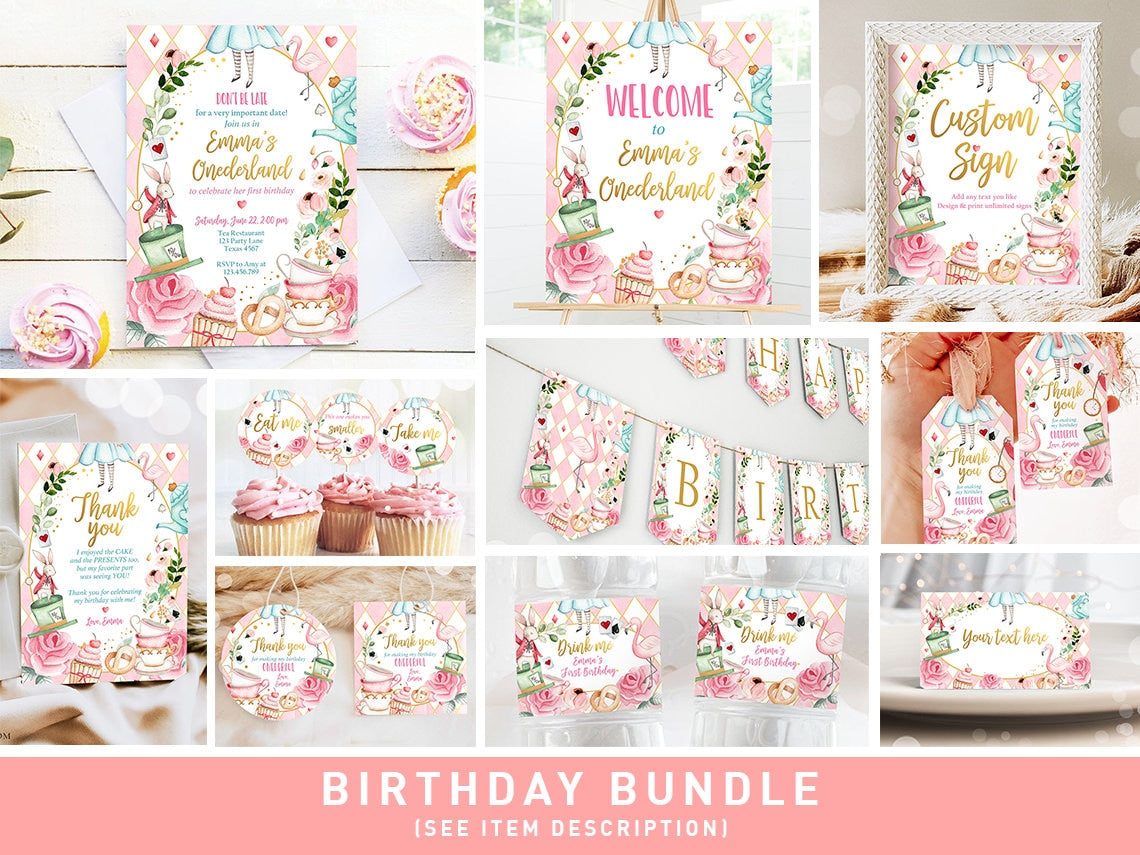 Alice in Onederland Birthday Invitation Bundle Alice in Wonderland Party Birthday Pink Girl Package 1st First Printable Corjl Template 0350