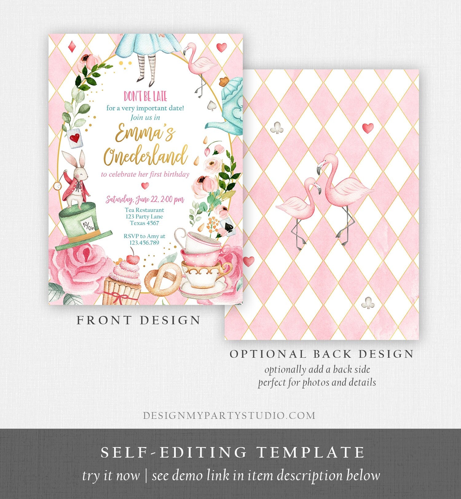 Alice in Onederland Birthday Invitation Bundle Alice in Wonderland Party Birthday Pink Girl Package 1st First Printable Corjl Template 0350