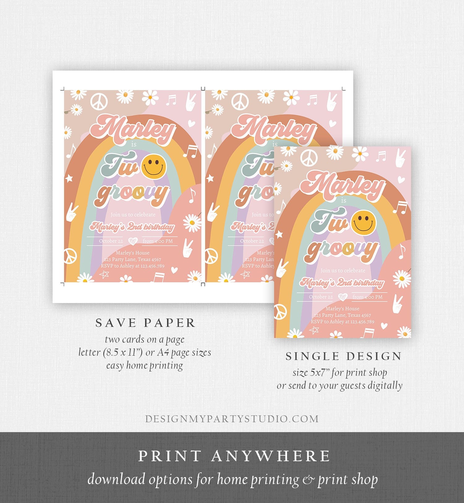 Editable Two Groovy Birthday Party Invitation 2nd Birthday Peace Love Party Flower Power 70s Hippie Printable Template Corjl Digital 0432