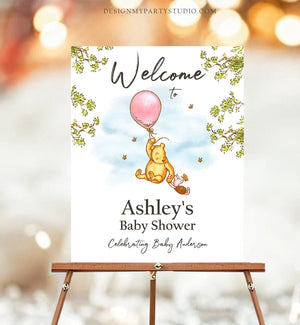 Editable Winnie The Pooh Welcome Sign Pooh Baby Shower Girl Pink Classic Winnie The Pooh Party Girl Decor Corjl Template Printable 0425