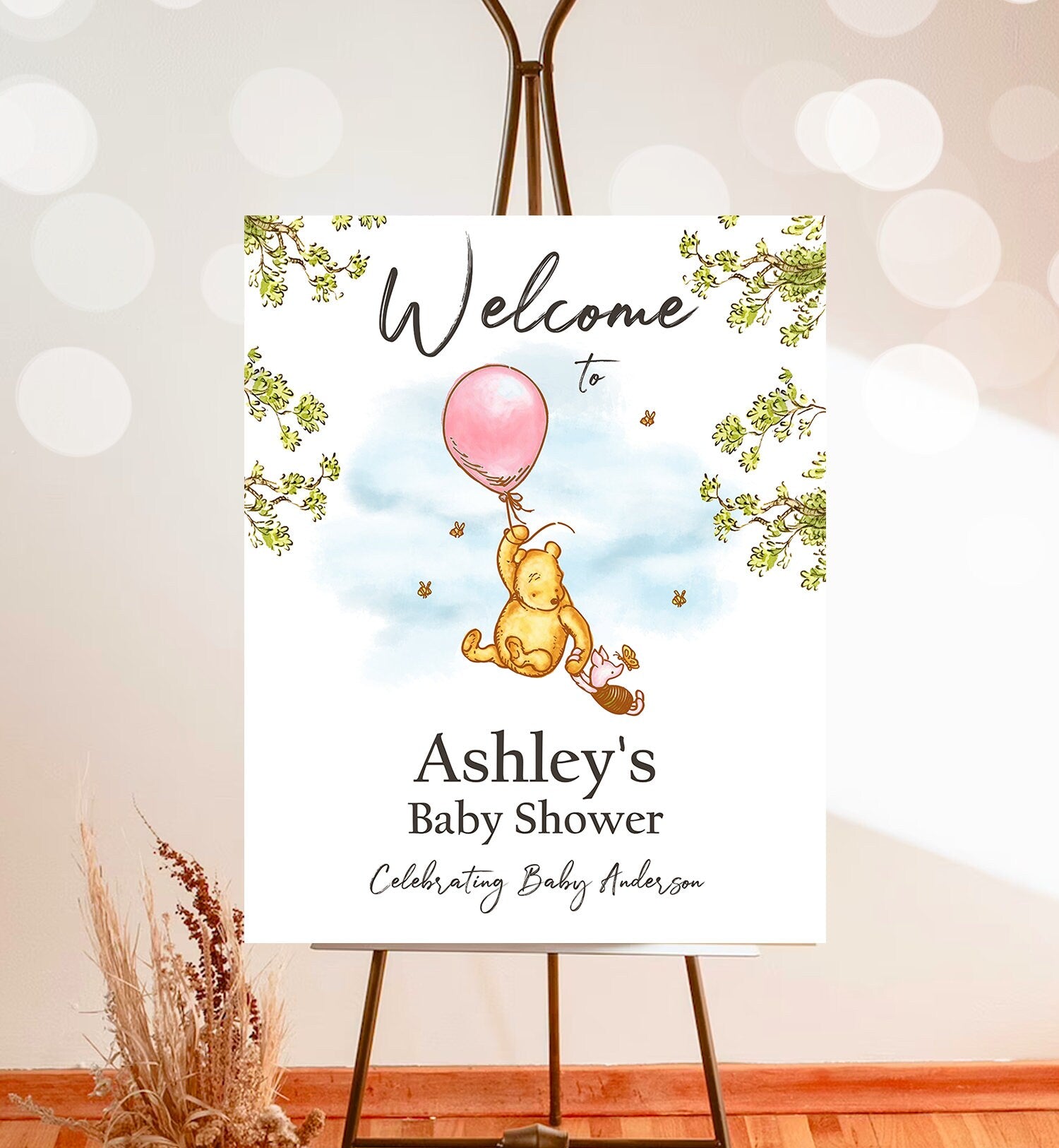 Editable Winnie The Pooh Welcome Sign Pooh Baby Shower Girl Pink Classic Winnie The Pooh Party Girl Decor Corjl Template Printable 0425