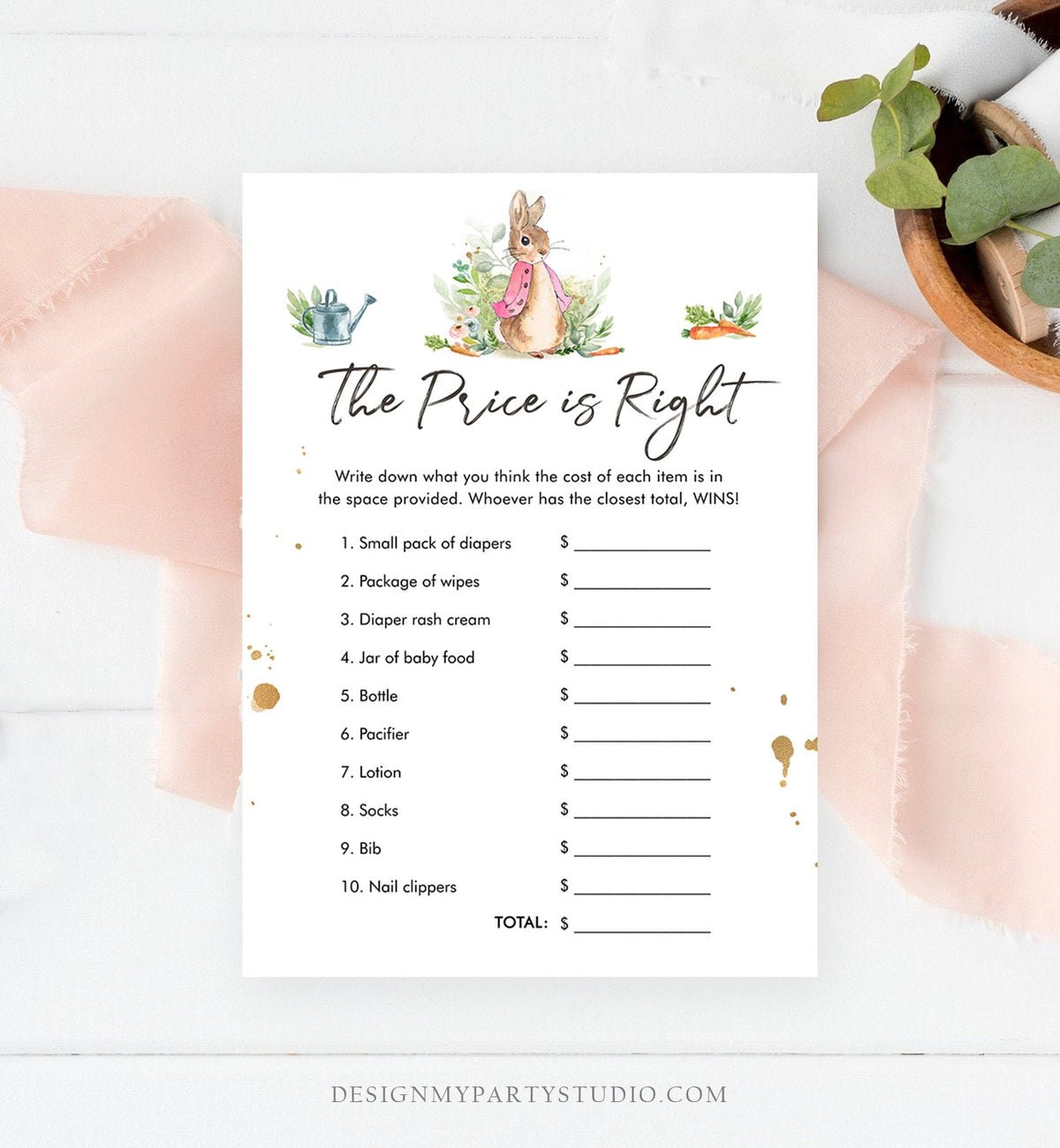 Editable The Price is Right Baby Shower Game Peter Rabbit Shower Bunny Baby Shower Spring Flopsy Girl Rustic Corjl Template Printable 0351