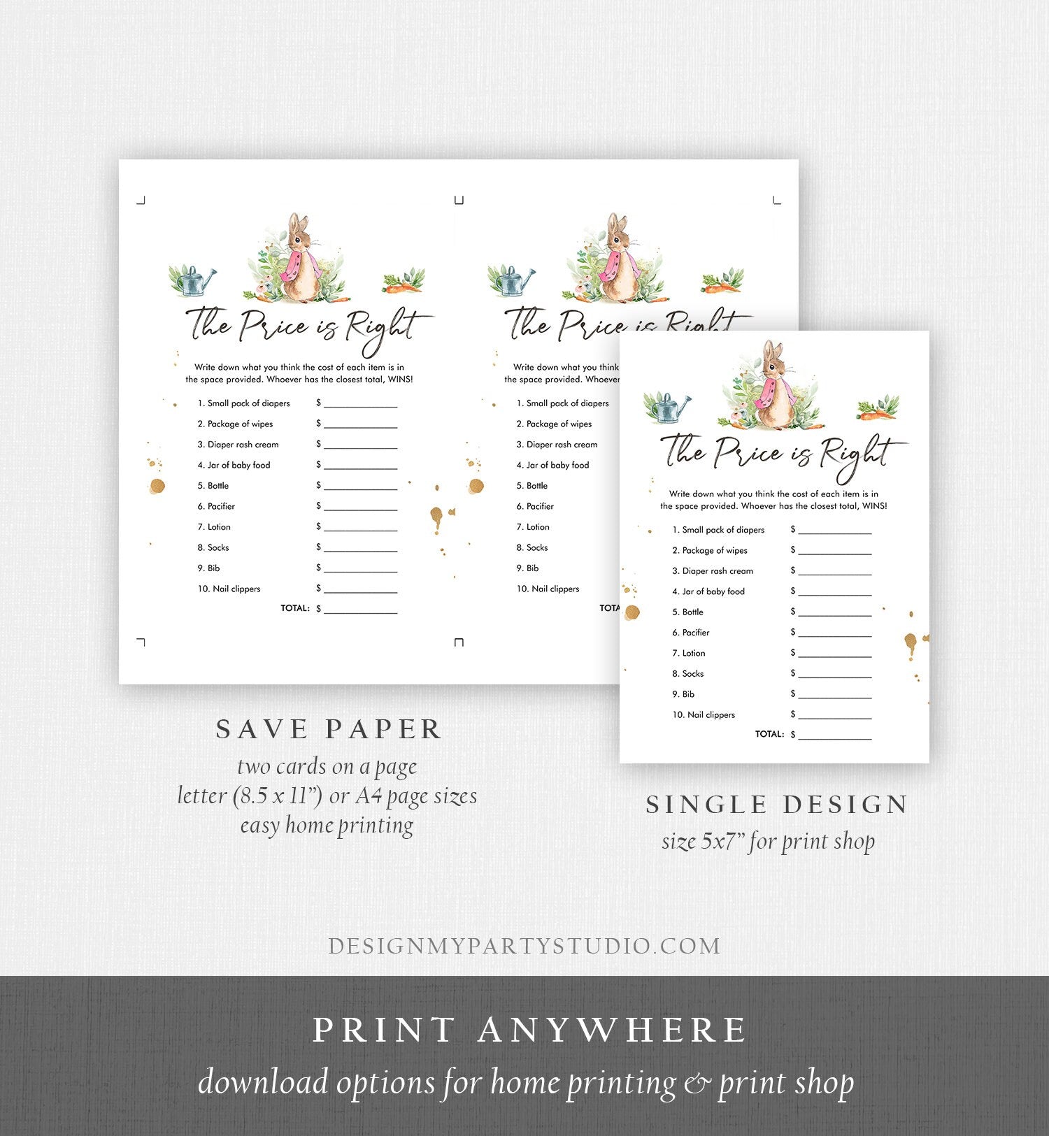 Editable The Price is Right Baby Shower Game Peter Rabbit Shower Bunny Baby Shower Spring Flopsy Girl Rustic Corjl Template Printable 0351