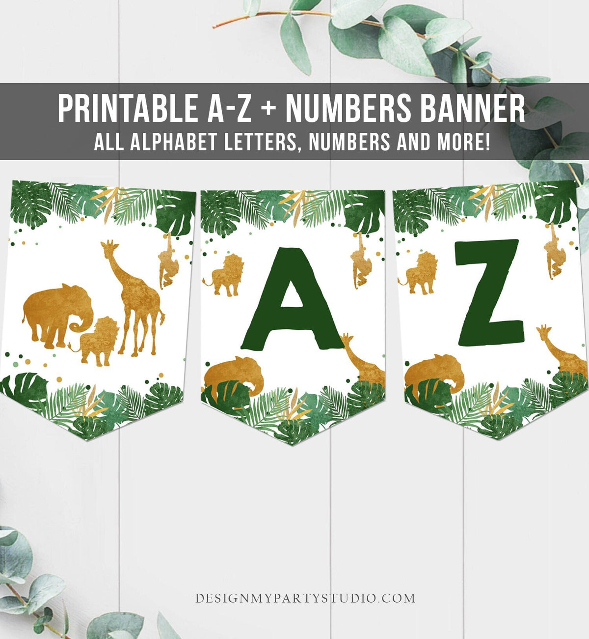 Safari Animals Birthday Banner A-Z Alphabet Numbers Banner Party Animals Happy Birthday Banner Zoo Green Boy Jungle Decor Printable 0016