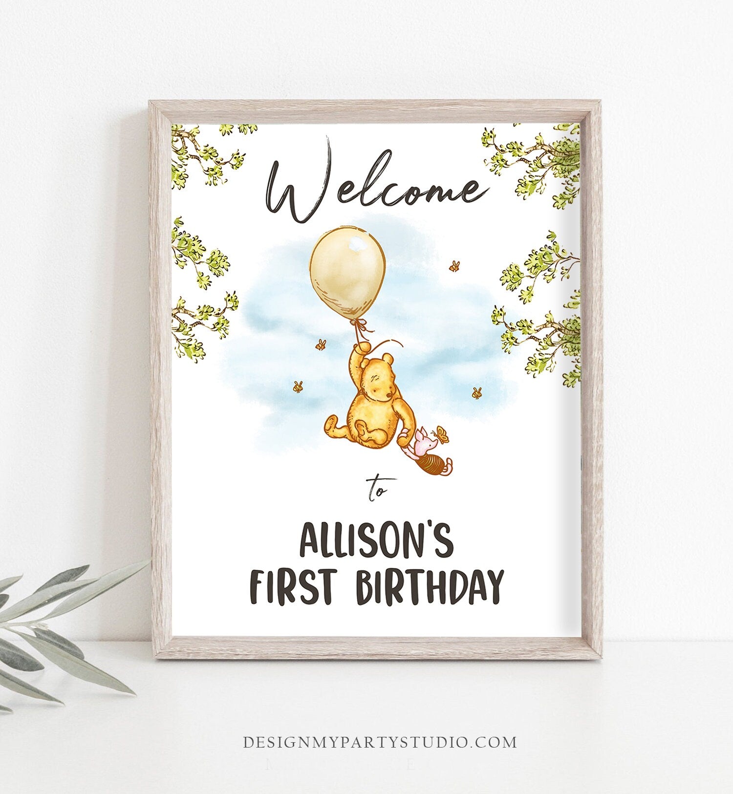 Editable Winnie The Pooh Welcome Sign Pooh Birthday Gender Neutral Classic Winnie The Pooh Party Decor Sign Corjl Template Printable 0425