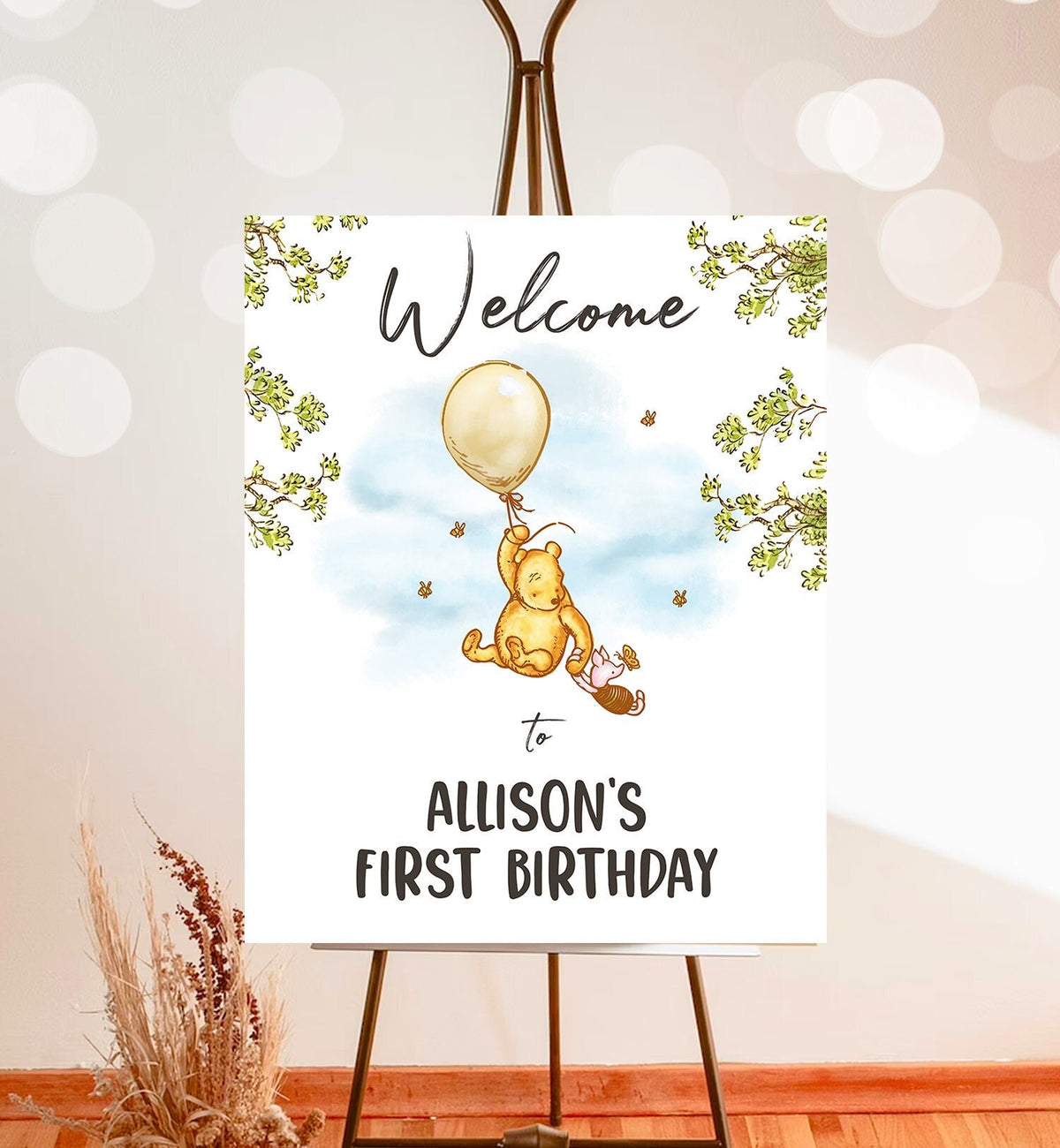 Editable Winnie The Pooh Welcome Sign Pooh Birthday Gender Neutral Classic Winnie The Pooh Party Decor Sign Corjl Template Printable 0425