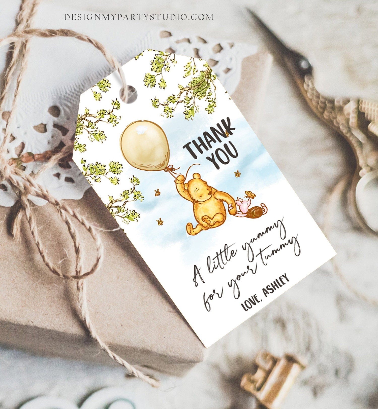 Editable Winnie The Pooh Favor Tags Pooh Baby Shower Thank you Tags Birthday Yummy for Your Tummy Printable Download Corjl Template 0425