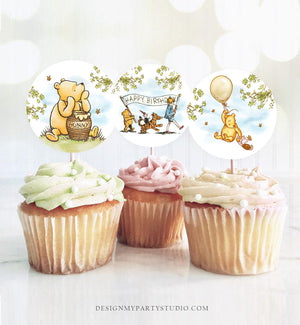 Classic Winnie The Pooh Birthday Cupcake Toppers Pooh Favor Tags Pooh Party Decor 1st Gender Neutral Rustic Download Digital PRINTABLE 0425