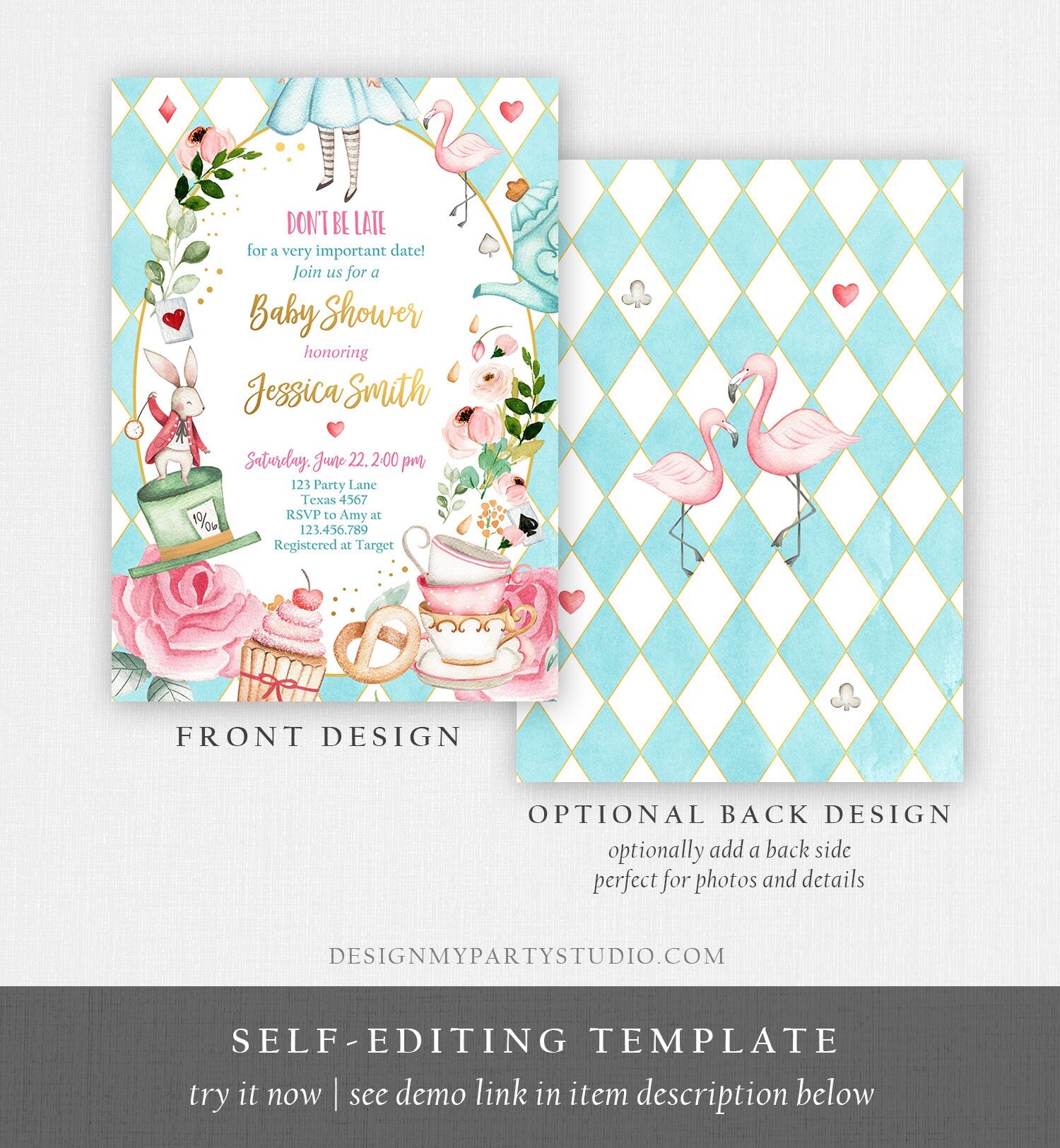 Editable Alice In Wonderland Baby Shower Invitation Girl Baby Shower Mad Hatter Tea Party Sprinkle Printable Template Corjl Digital 0350