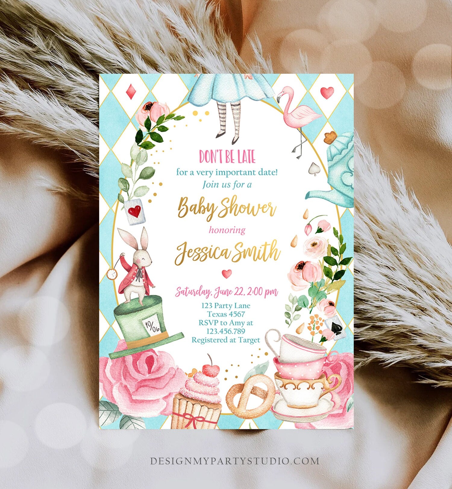 Editable Alice In Wonderland Baby Shower Invitation Girl Baby Shower Mad Hatter Tea Party Sprinkle Printable Template Corjl Digital 0350