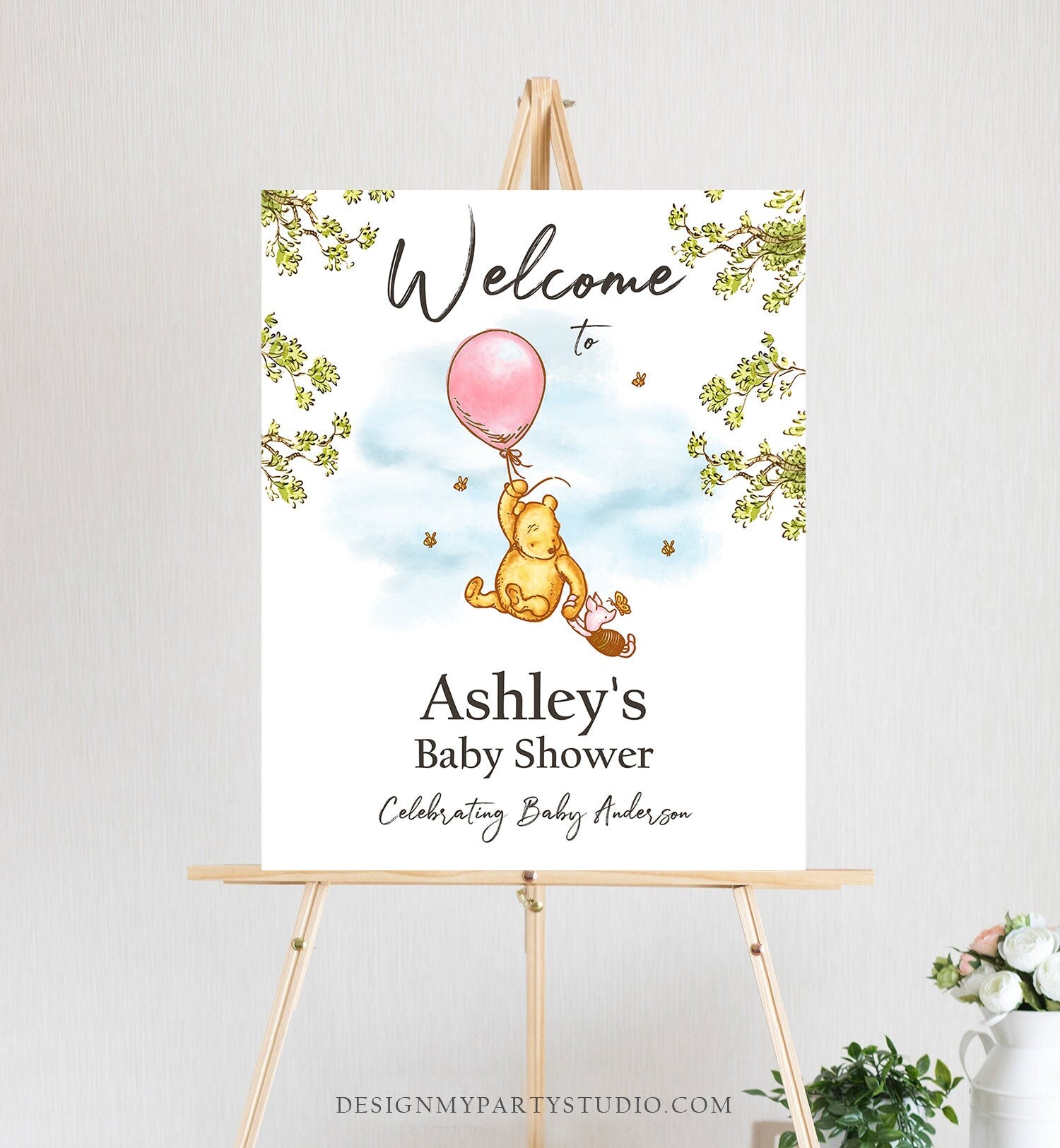 Editable Winnie The Pooh Welcome Sign Pooh Baby Shower Girl Pink Classic Winnie The Pooh Party Girl Decor Corjl Template Printable 0425