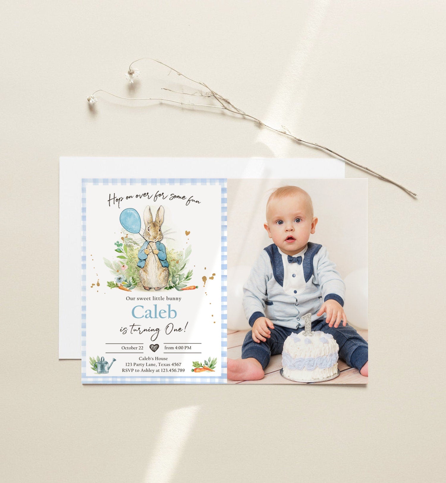 Editable Peter Rabbit Birthday Invitation Boy Blue Rustic Peter Rabbit First Birthday Hop On Over Watercolor Corjl Template Printable 0351