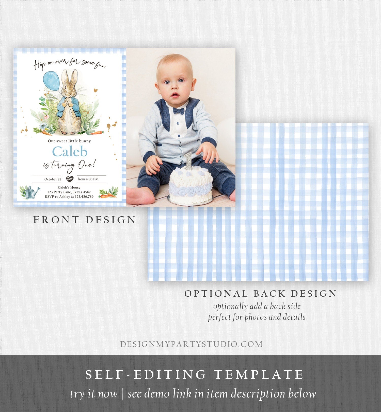 Editable Peter Rabbit Birthday Invitation Boy Blue Rustic Peter Rabbit First Birthday Hop On Over Watercolor Corjl Template Printable 0351