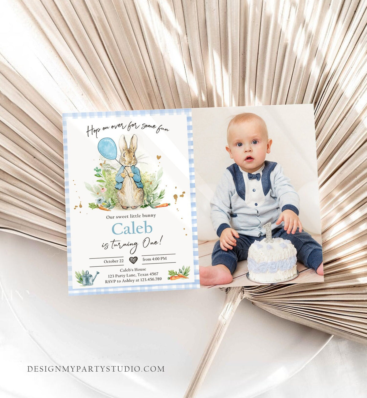 Editable Peter Rabbit Birthday Invitation Boy Blue Rustic Peter Rabbit First Birthday Hop On Over Watercolor Corjl Template Printable 0351