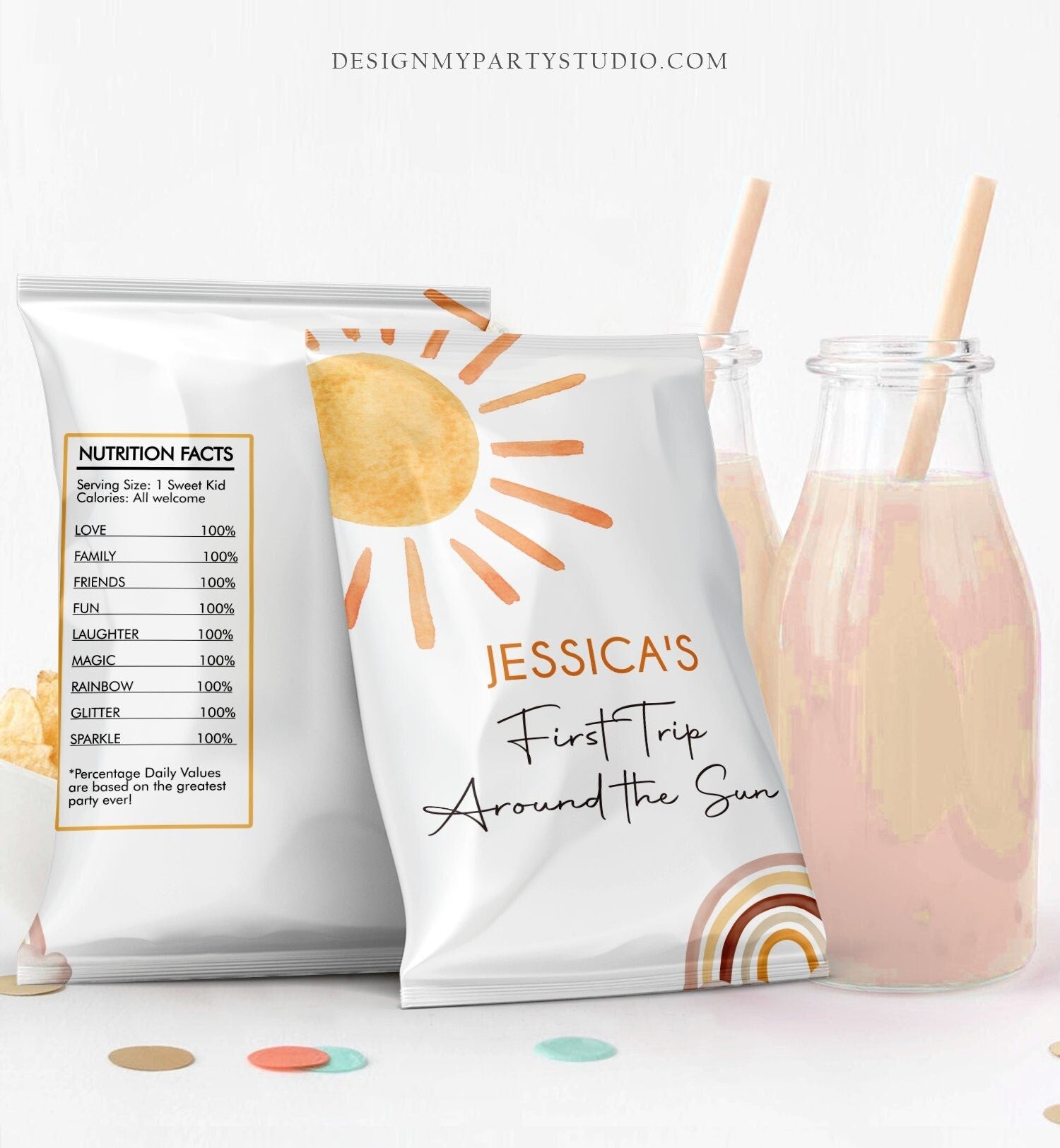 Editable Sun Chip Bag Boho Suns Birthday Party Decor First Trip Around the Sun 1st Birthday Sunshine Favor Digital Corjl Template 0431